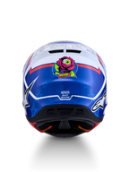 Alpinestars S-M7 Blaster ECE06, capacete de motocross azul e branco, vista traseira com gráfico de rosa e certificação ECE.