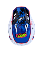 Alpinestars S-M7 Blaster, capacete de motocross em branco e azul brilhante com gráficos de salpicos, vista superior, ECE 22.06
