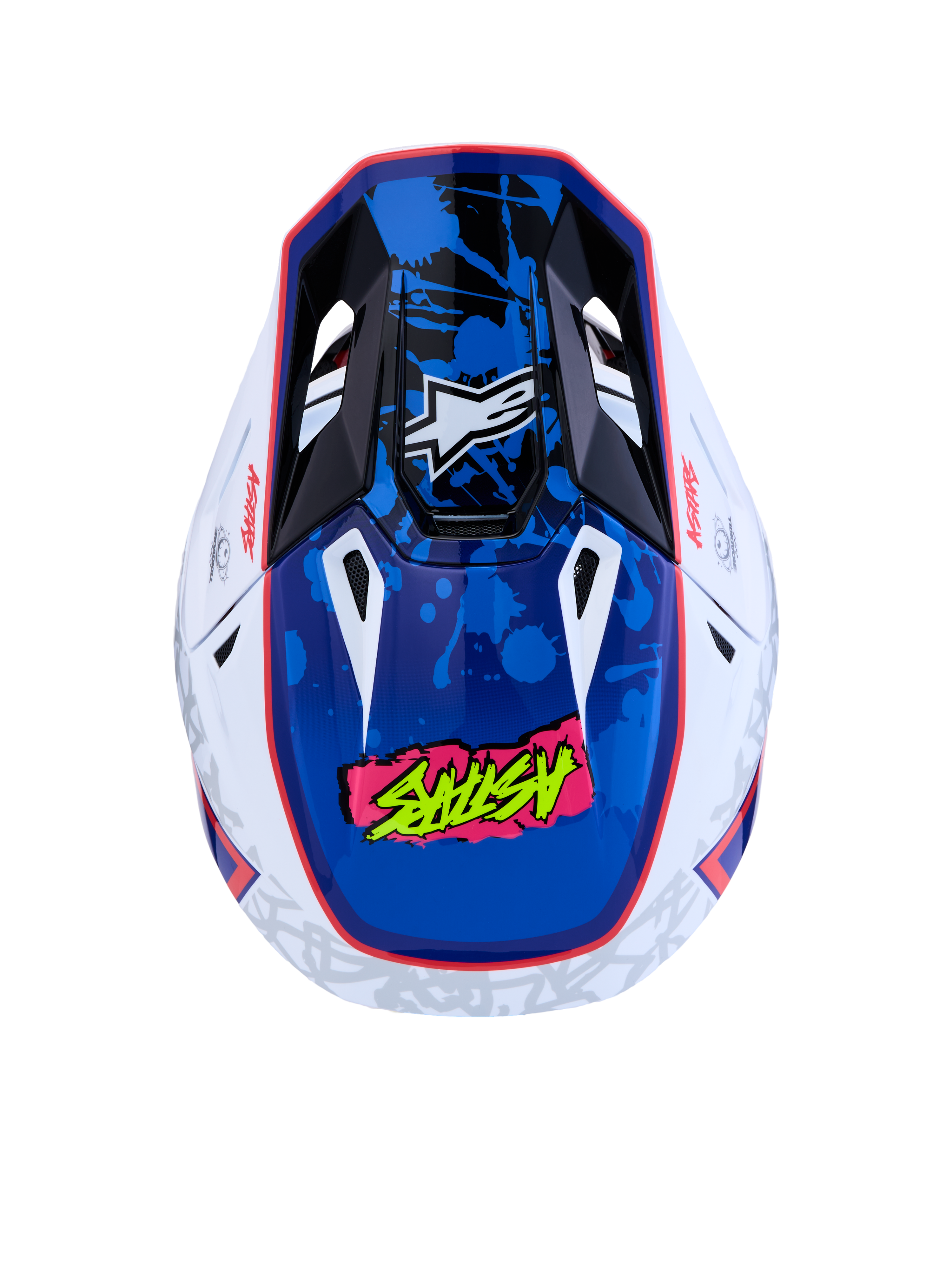 Alpinestars S-M7 Blaster, capacete de motocross em branco e azul brilhante com gráficos de salpicos, vista superior, ECE 22.06