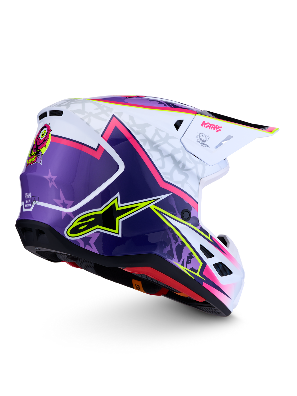 Alpinestars S-M7 Blaster, capacete de motocross brilhante, roxo, rosa e branco, calota aerodinâmica, certificado ECE 22.06