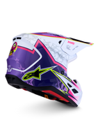 Alpinestars S-M7 Blaster, capacete de motocross brilhante, roxo, rosa e branco, calota aerodinâmica, certificado ECE 22.06