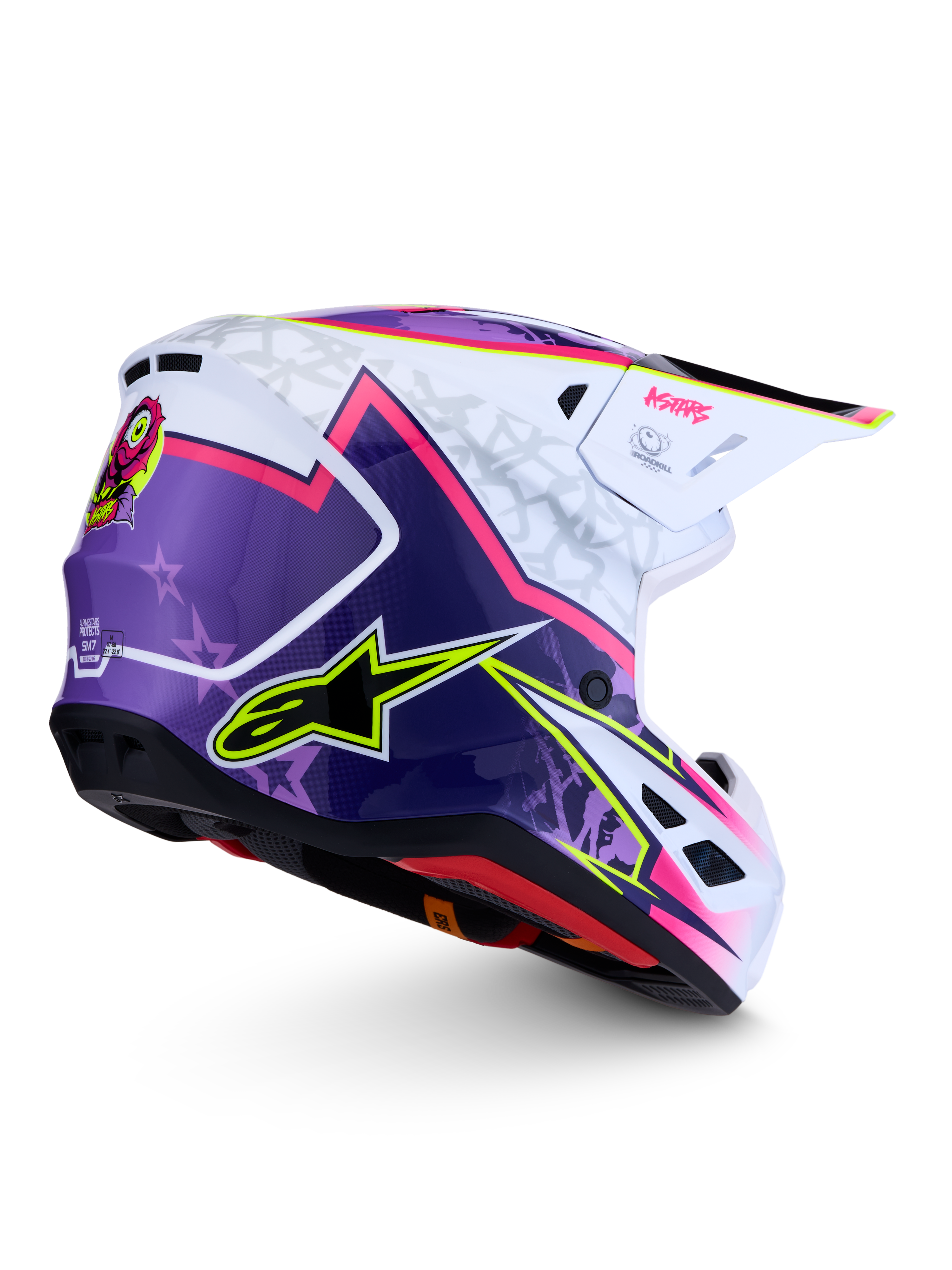 Alpinestars S-M7 Blaster, capacete de motocross brilhante, roxo, rosa e branco, calota aerodinâmica, certificado ECE 22.06