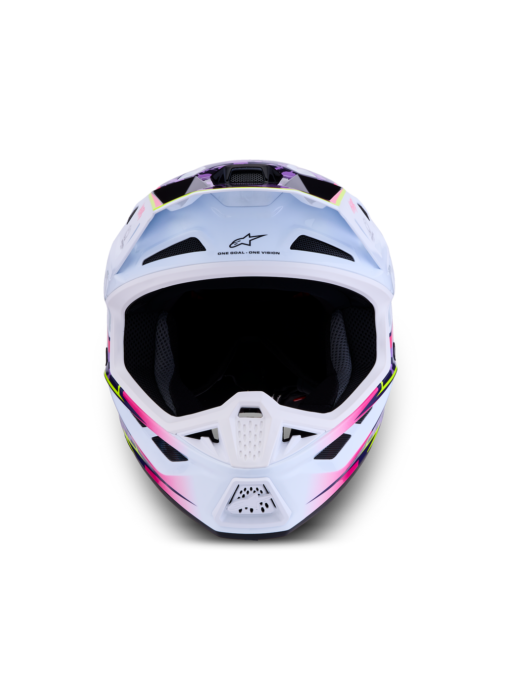 Alpinestars S-M7 Blaster ECE06, capacete de motocross para todo-o-terreno, branco com gráficos em rosa e roxo, acabamento brilhante.