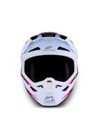 Alpinestars S-M7 Blaster ECE06, capacete de motocross para todo-o-terreno, branco com gráficos em rosa e roxo, acabamento brilhante.
