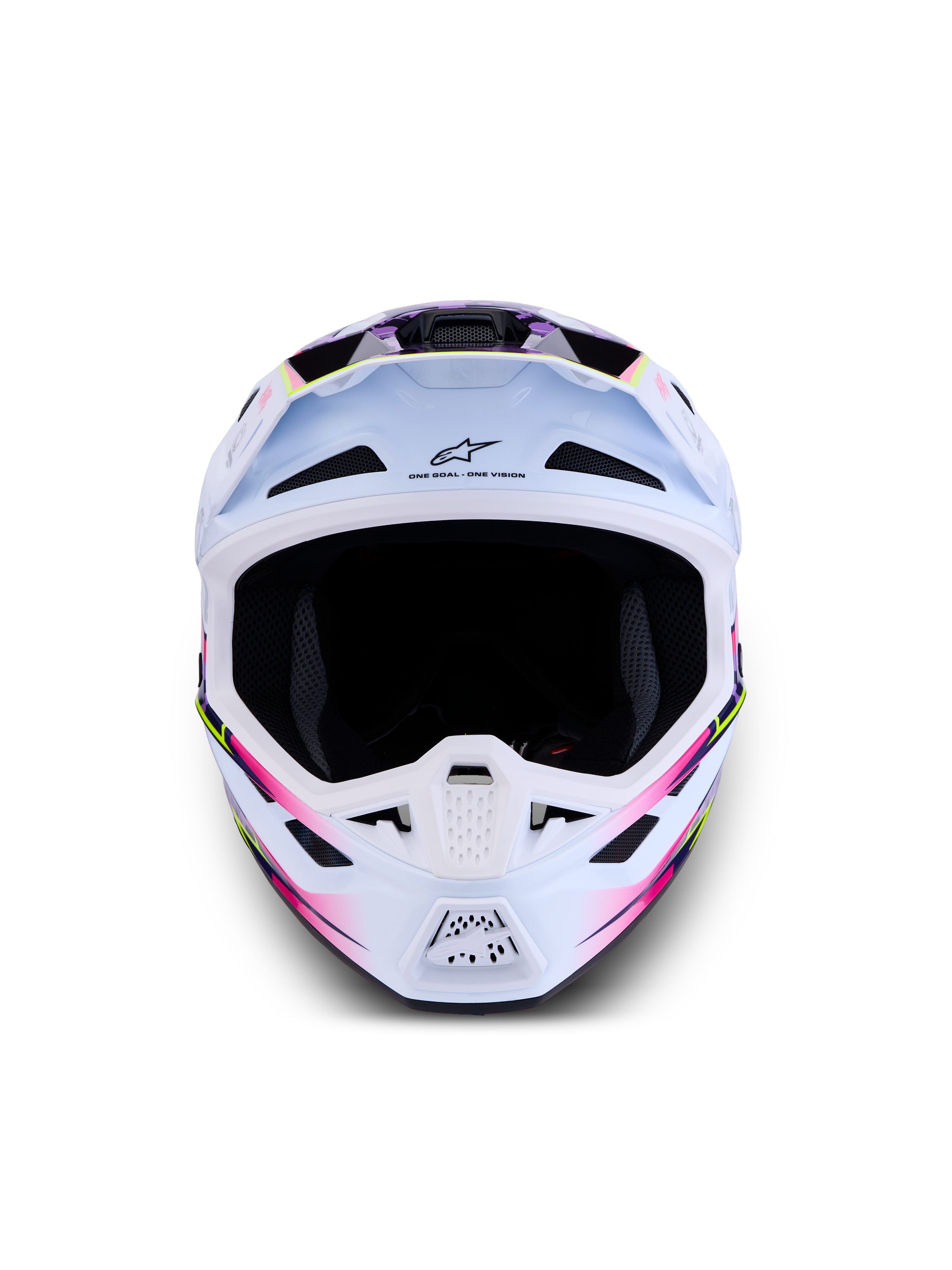 Alpinestars S-M7 Blaster ECE06, capacete de motocross para todo-o-terreno, branco com gráficos em rosa e roxo, acabamento brilhante.
