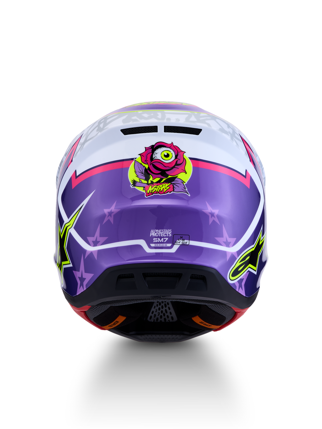 Alpinestars S-M7 Blaster ECE06, capacete de motocross roxo e rosa brilhante com gráfico de rosa e estrelas.