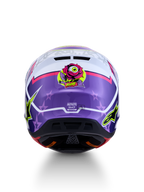 Alpinestars S-M7 Blaster ECE06, capacete de motocross roxo e rosa brilhante com gráfico de rosa e estrelas.