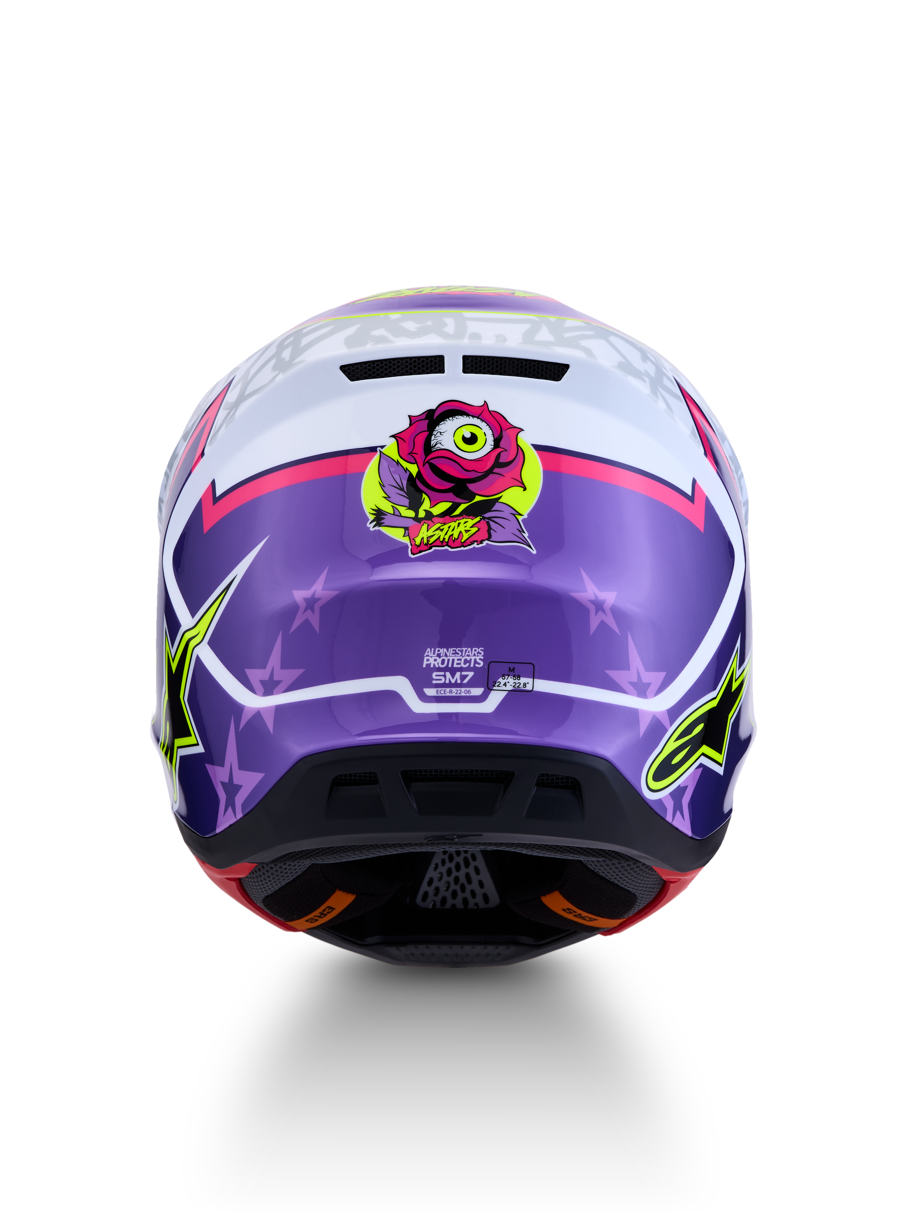 Alpinestars S-M7 Blaster ECE06, capacete de motocross roxo e rosa brilhante com gráfico de rosa e estrelas.
