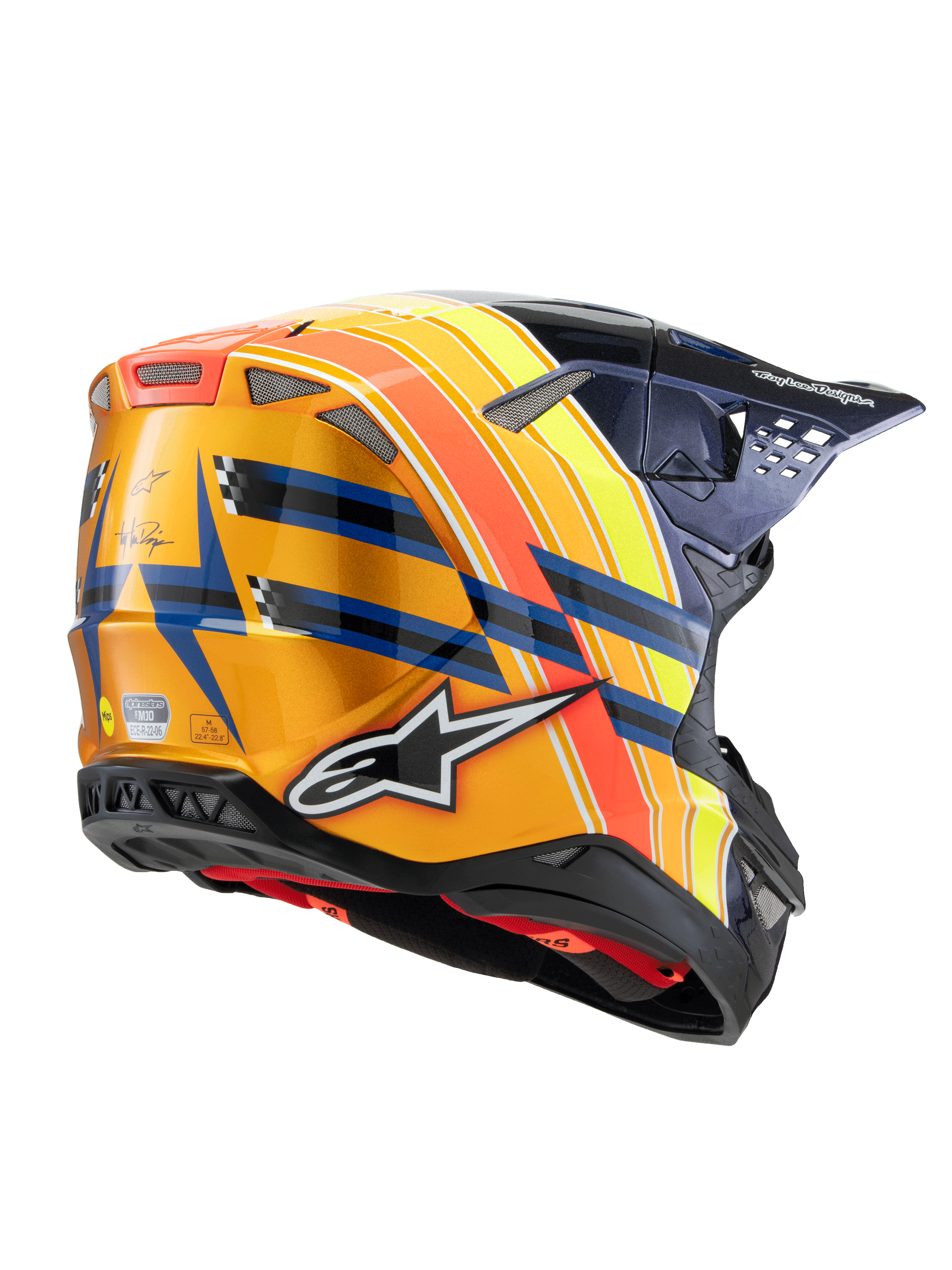 Capacete Alpinestars Supertech M10 Edição TLD 25, capacete de motocross, azul escuro, laranja e amarelo fluorescente com vermelho, vista traseira em três quartos mostrando acabamento brilhante, logótipo Alpinestars em destaque, marca Troy Lee Designs e aberturas de ventilação integradas.