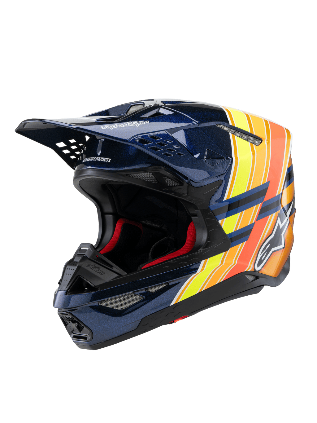 Capacete Alpinestars Supertech M10 TLD Edition 25, capacete de motocross, azul escuro brilhante com gráficos laranja e amarelo néon, com forro interior vermelho, calota aerodinâmica com múltiplas aberturas de ventilação, marca Troy Lee Designs na pala, equipamento profissional de competição off-road
