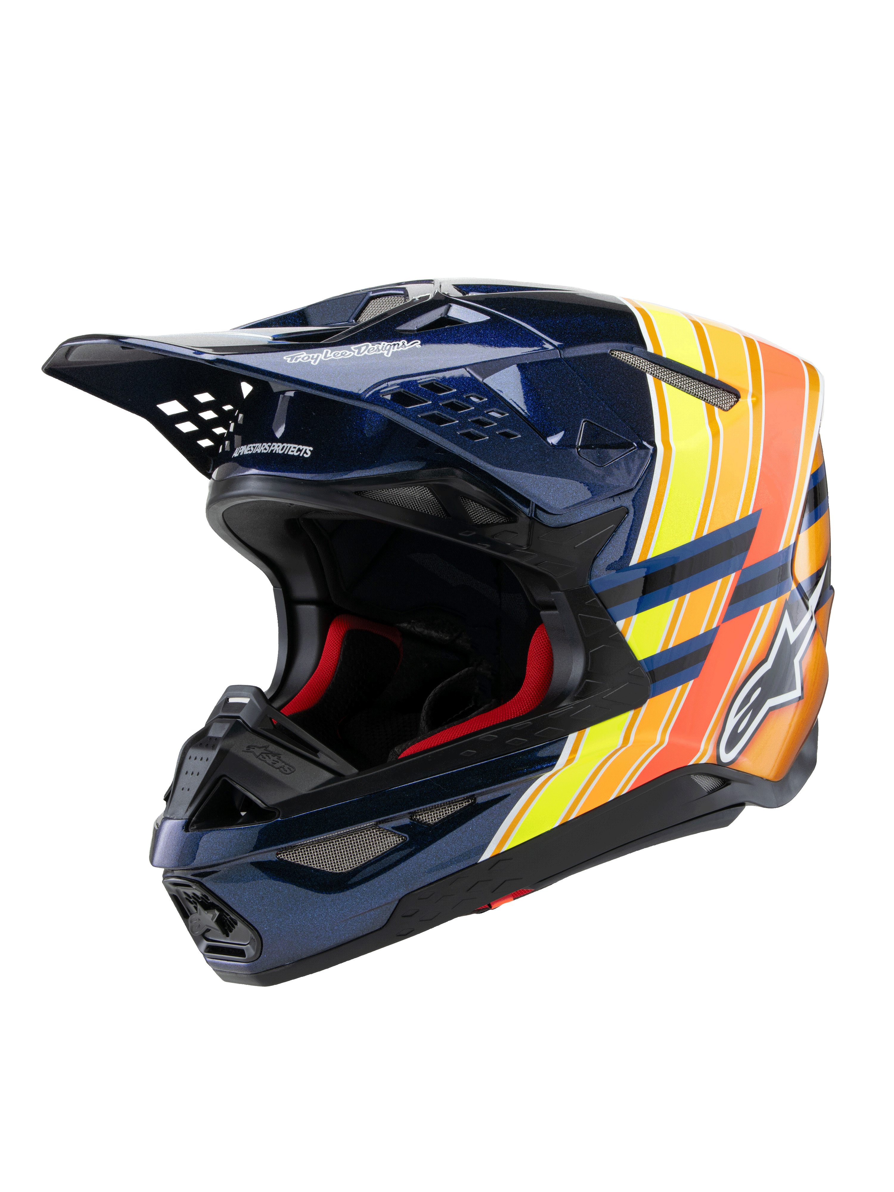 Capacete Alpinestars Supertech M10 TLD Edition 25, capacete de motocross, azul escuro brilhante com gráficos laranja e amarelo néon, com forro interior vermelho, calota aerodinâmica com múltiplas aberturas de ventilação, marca Troy Lee Designs na pala, equipamento profissional de competição off-road