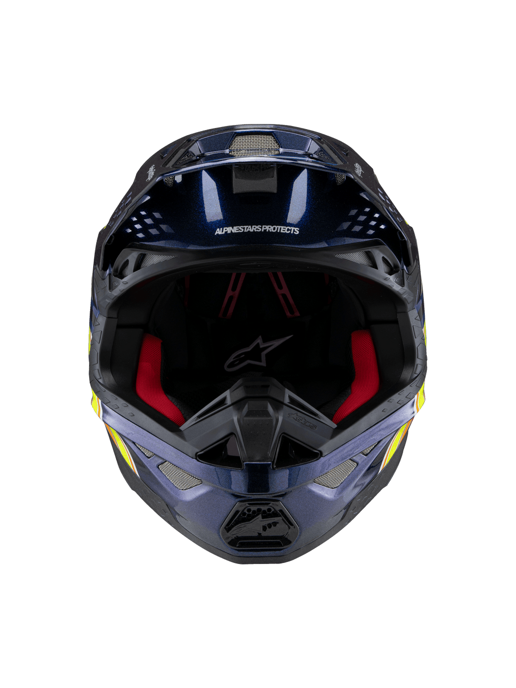 Capacete Alpinestars Supertech M10 TLD Edition 25, capacete de motocross, azul escuro metálico brilhante com forro interior vermelho, vista frontal mostrando malha de ventilação e grafismos laterais em amarelo e laranja, proteção premium para competição off-road