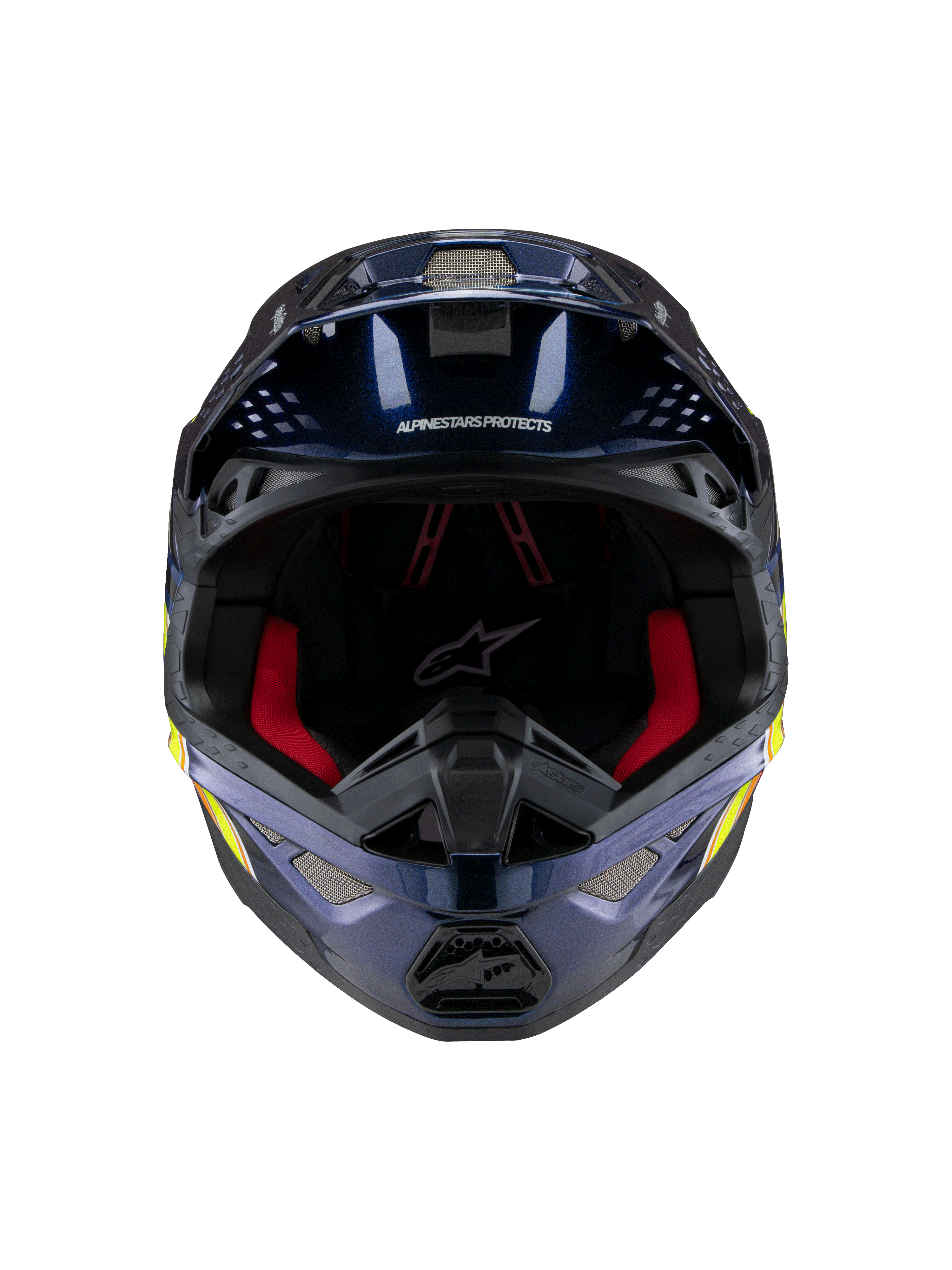Capacete Alpinestars Supertech M10 TLD Edition 25, capacete de motocross, azul escuro metálico brilhante com forro interior vermelho, vista frontal mostrando malha de ventilação e grafismos laterais em amarelo e laranja, proteção premium para competição off-road