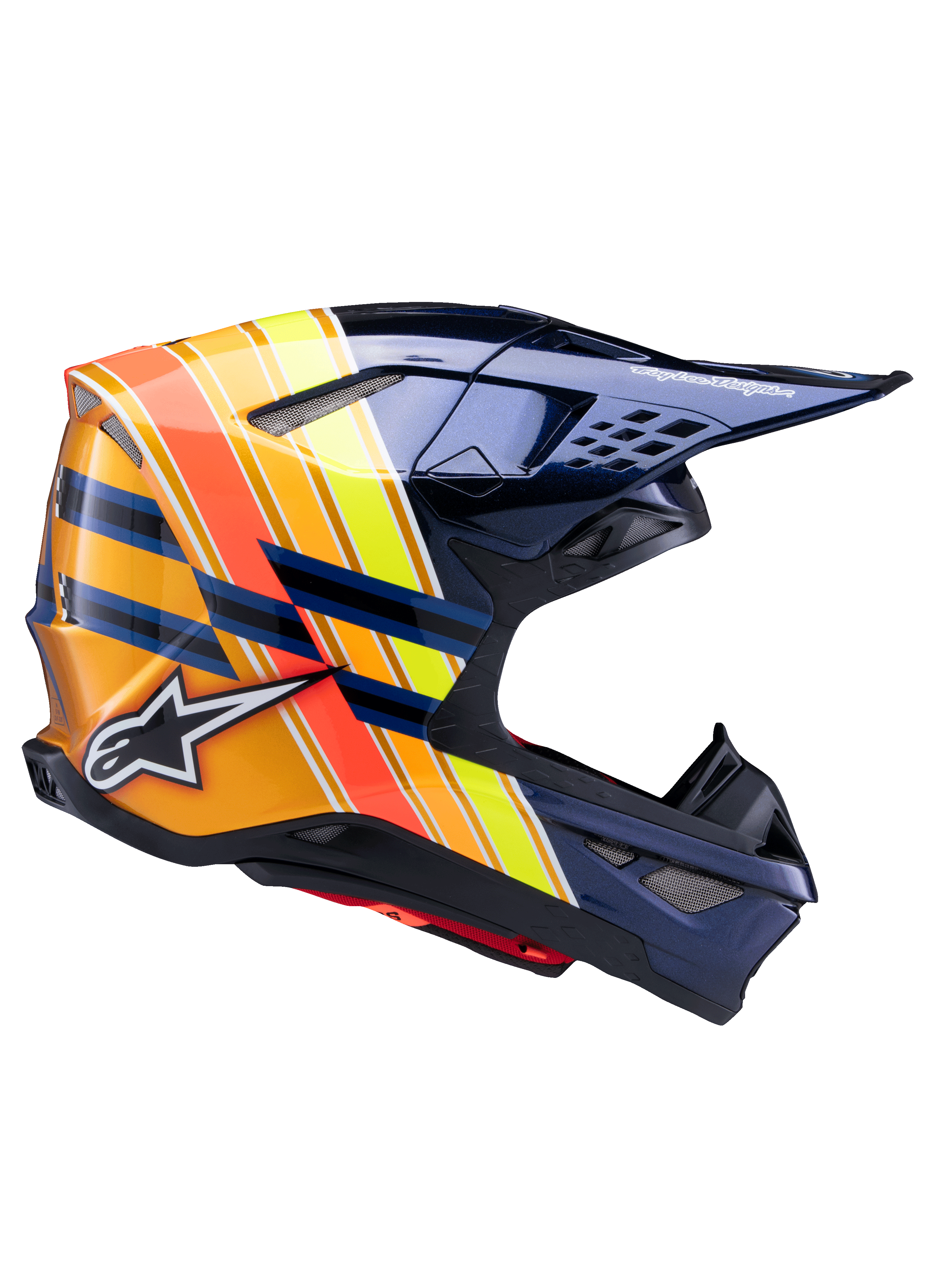 Capacete Alpinestars Supertech M10 TLD Edition 25, capacete de motocross, azul escuro metálico com riscas vibrantes em laranja, amarelo e vermelho, vista de perfil lateral, acabamento brilhante com logótipos Alpinestars e Troy Lee Designs, calota aerodinâmica com múltiplas aberturas de ventilação em malha para competição off-road