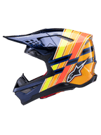 Capacete Alpinestars Supertech M10 TLD Edition 25, perfil lateral, azul escuro brilhante com riscas gráficas em laranja vibrante, amarelo e vermelho fluorescente, com o logótipo Alpinestars branco e a marca Troy Lee Designs, capacete de motocross avançado para desempenho off-road
