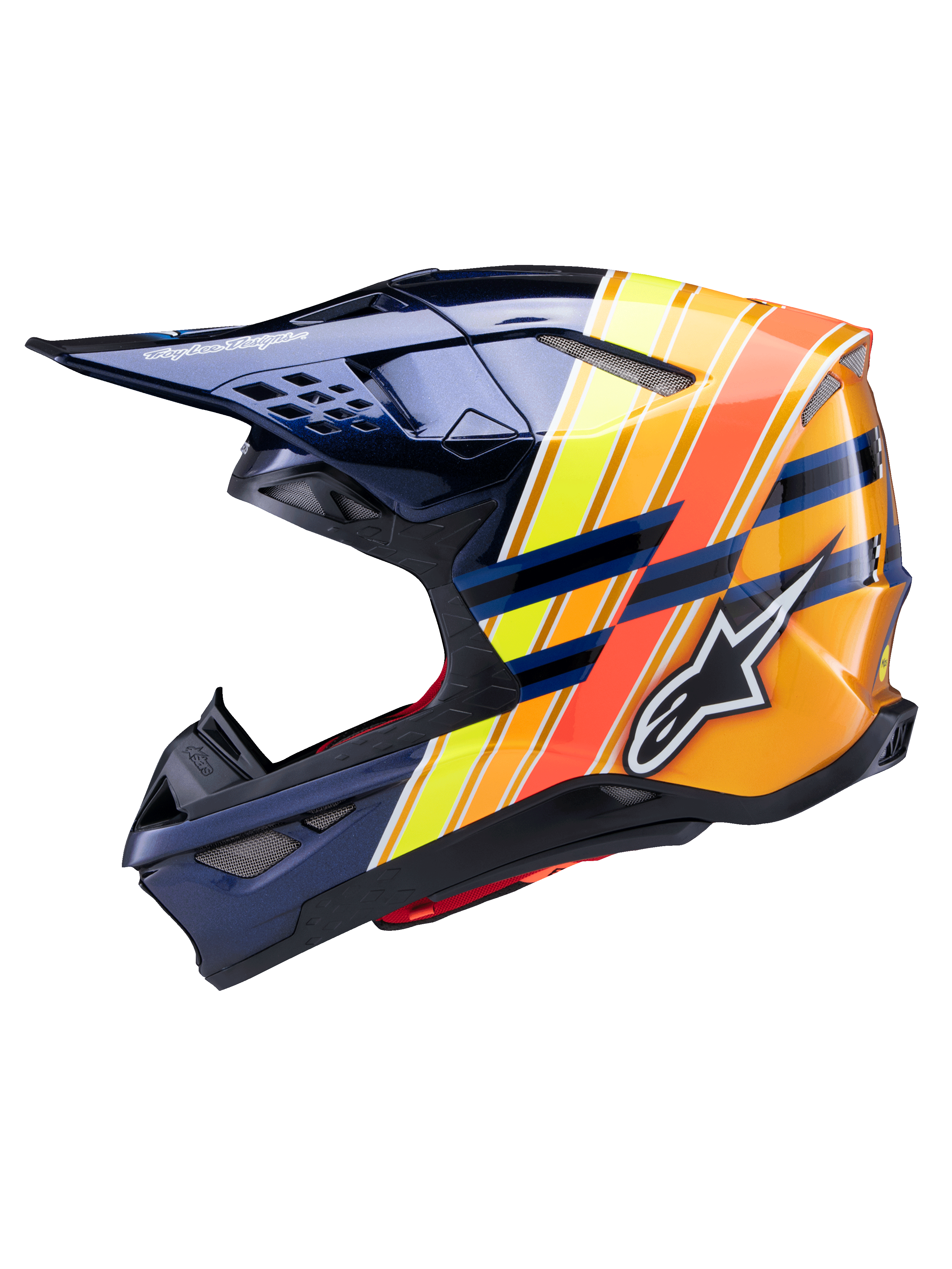 Capacete Alpinestars Supertech M10 TLD Edition 25, perfil lateral, azul escuro brilhante com riscas gráficas em laranja vibrante, amarelo e vermelho fluorescente, com o logótipo Alpinestars branco e a marca Troy Lee Designs, capacete de motocross avançado para desempenho off-road
