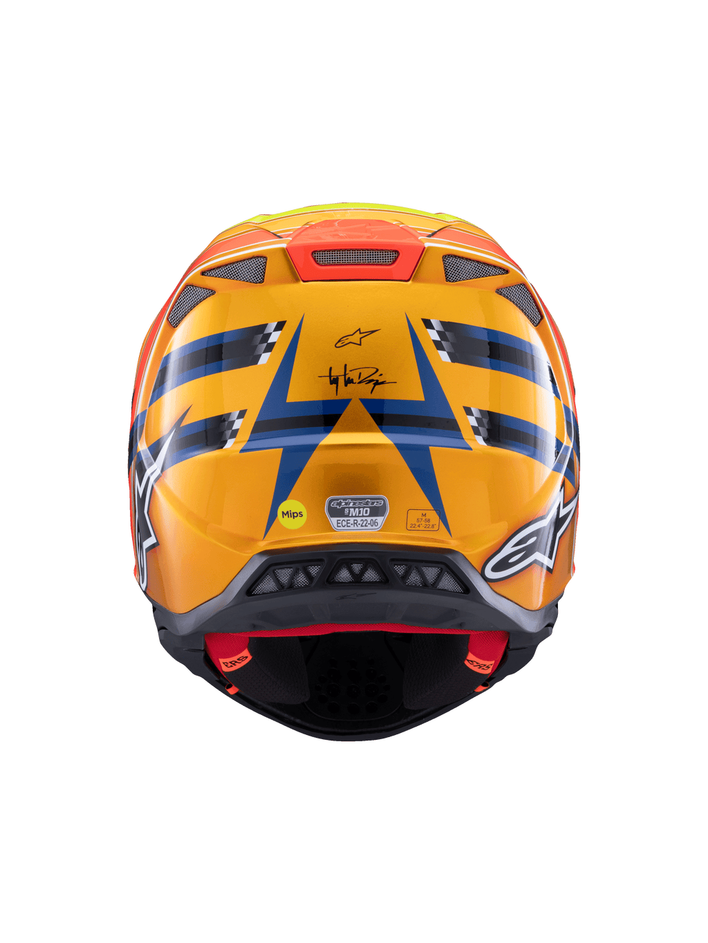Capacete Alpinestars Supertech M10 TLD Edition 25, capacete de motocross, vista traseira, cor laranja e azul brilhante com detalhes em amarelo fluorescente e vermelho, com a marca Troy Lee Designs e sistema de segurança MIPS, design aerodinâmico com saídas de ar
