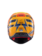 Capacete Alpinestars Supertech M10 TLD Edition 25, capacete de motocross, vista traseira, cor laranja e azul brilhante com detalhes em amarelo fluorescente e vermelho, com a marca Troy Lee Designs e sistema de segurança MIPS, design aerodinâmico com saídas de ar