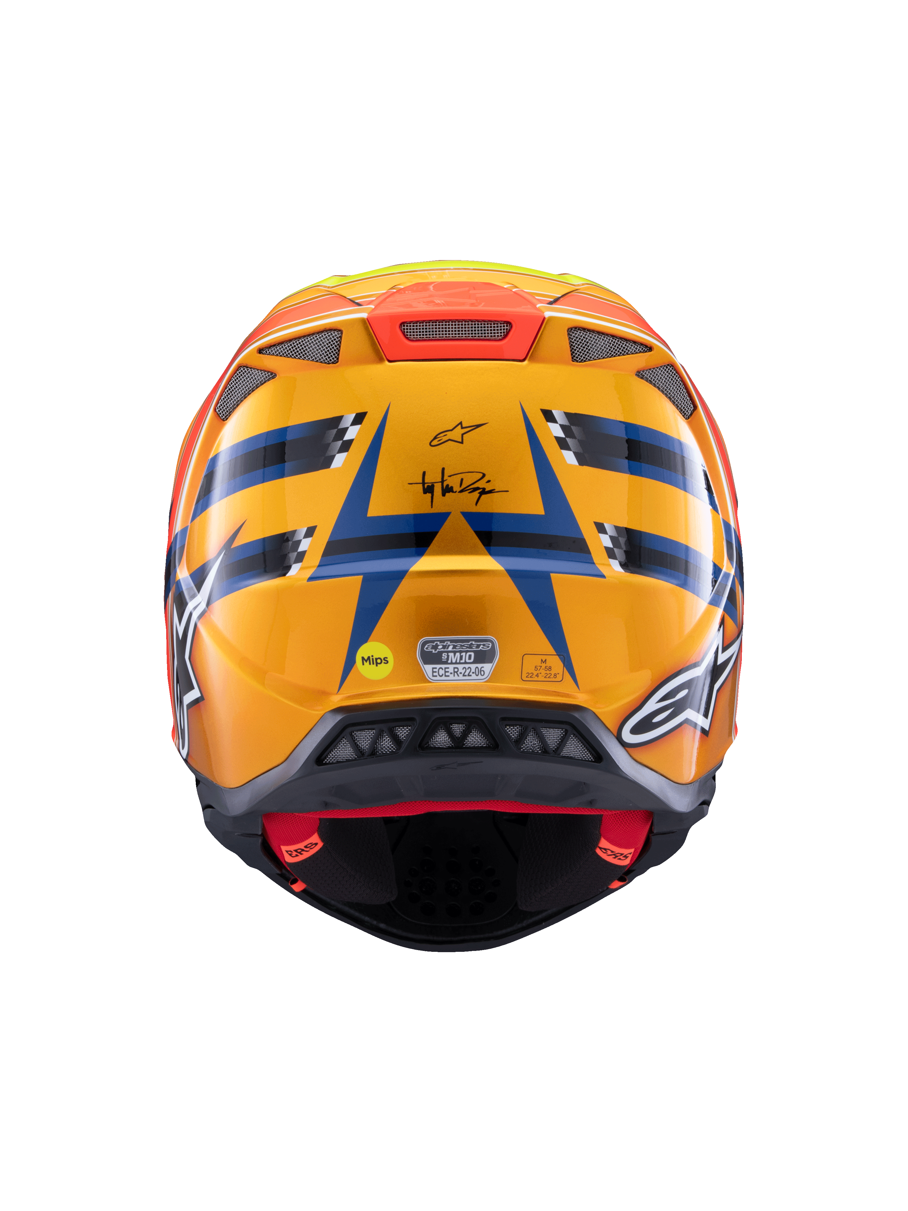 Capacete Alpinestars Supertech M10 TLD Edition 25, capacete de motocross, vista traseira, cor laranja e azul brilhante com detalhes em amarelo fluorescente e vermelho, com a marca Troy Lee Designs e sistema de segurança MIPS, design aerodinâmico com saídas de ar