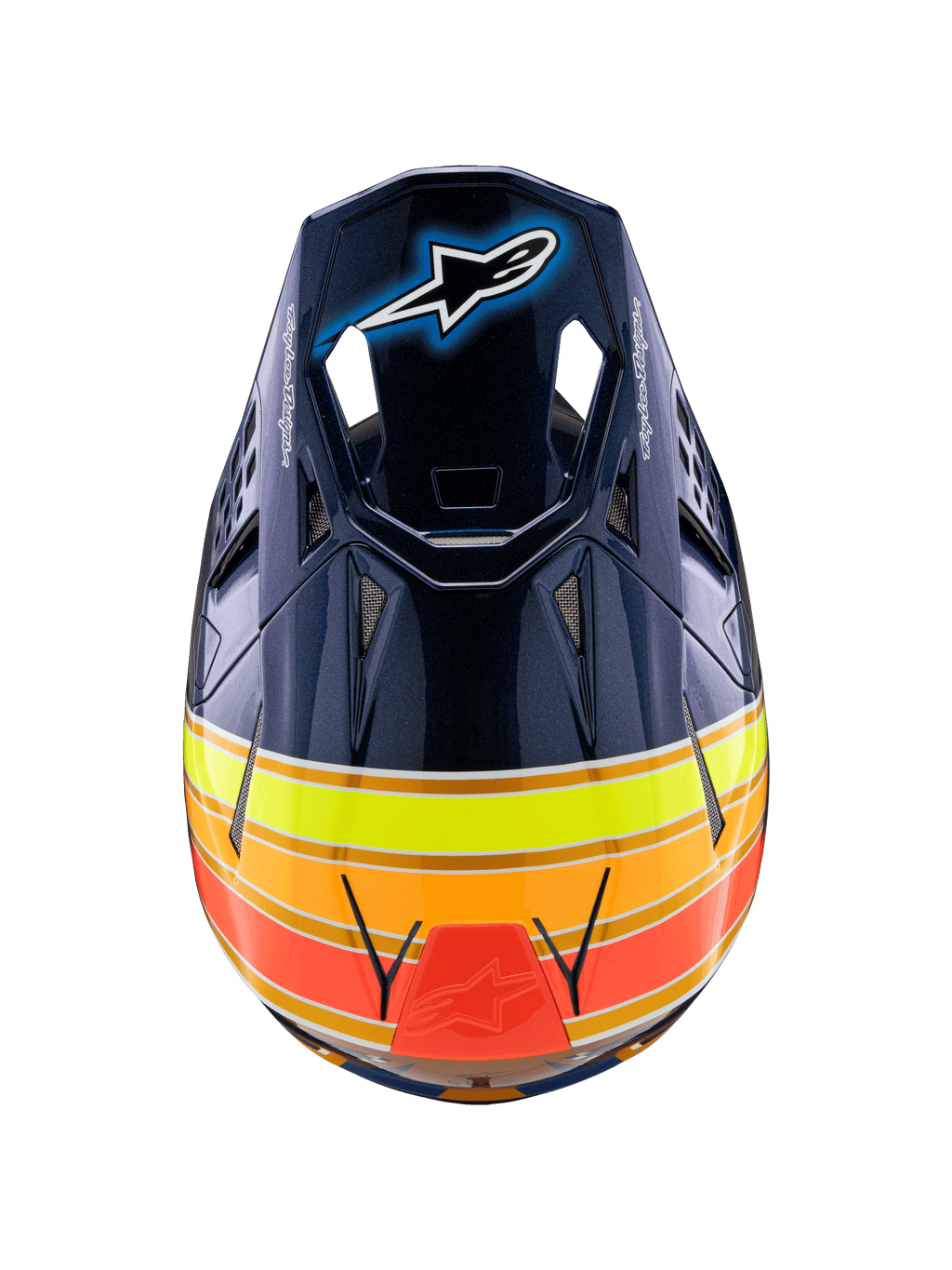 Capacete Alpinestars Supertech M10 TLD Edition 25, capacete de motocross, azul escuro brilhante com riscas laranja, amarelo néon e vermelho, vista superior a mostrar a viseira com o logótipo Astar e aberturas de ventilação em malha, equipamento de competição off-road profissional