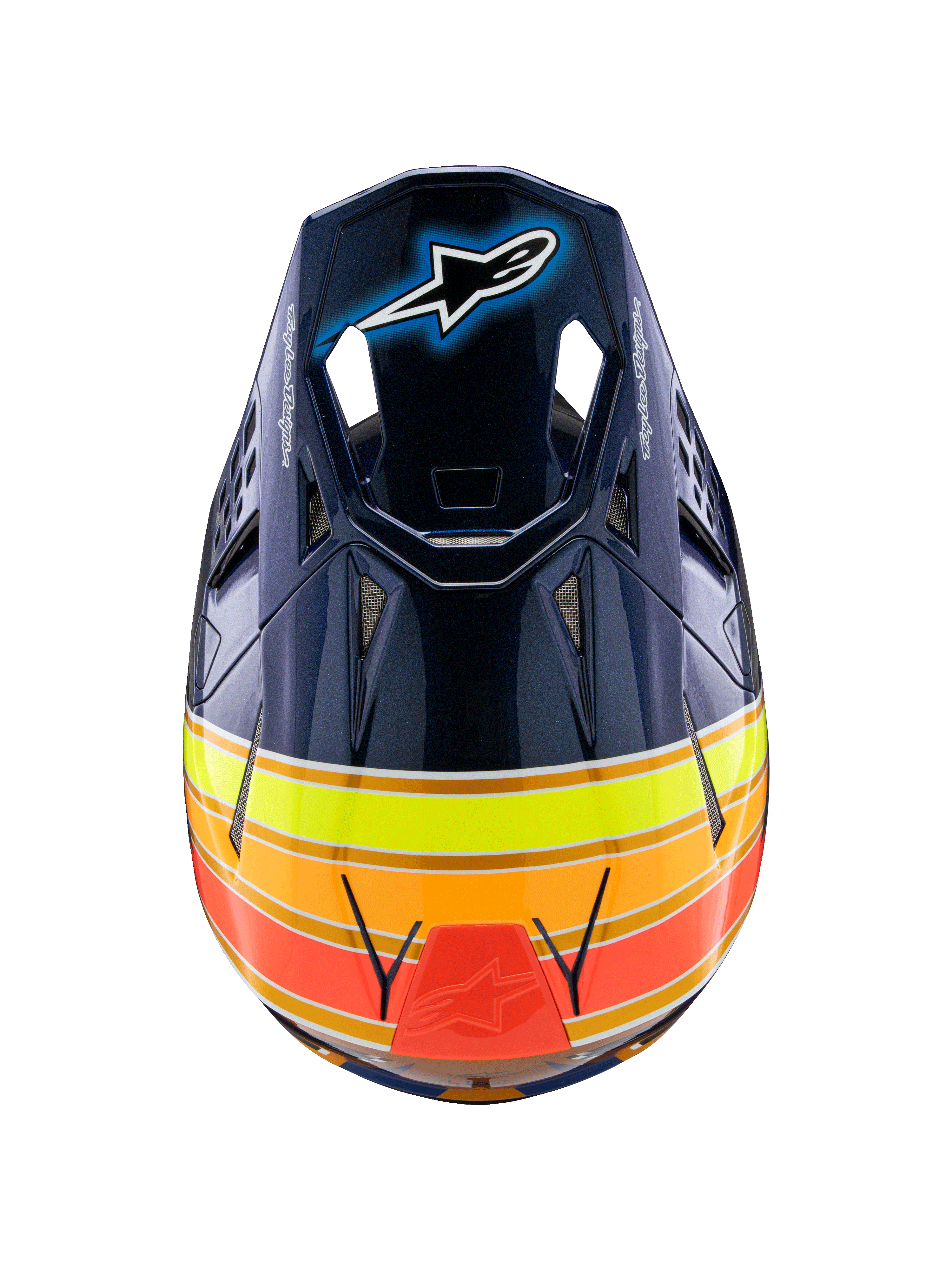 Capacete Alpinestars Supertech M10 TLD Edition 25, capacete de motocross, azul escuro brilhante com riscas laranja, amarelo néon e vermelho, vista superior a mostrar a viseira com o logótipo Astar e aberturas de ventilação em malha, equipamento de competição off-road profissional