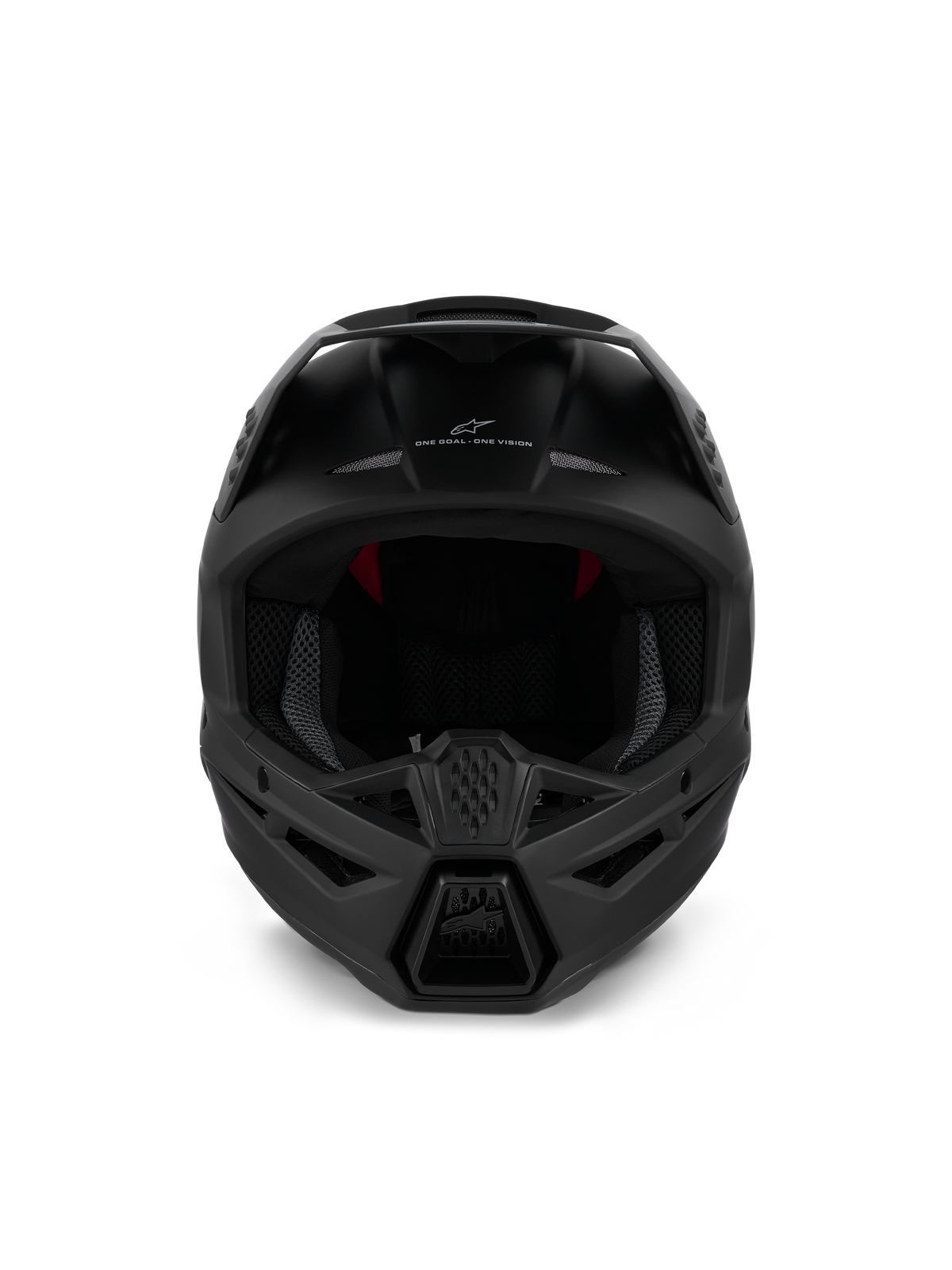 Capacete Alpinestars S-M3 Solid ECE 22.06, capacete de motocross, preto mate, vista frontal mostrando a ventilação agressiva na proteção de queixo e o branding 'ONE GOAL - ONE VISION', design elegante para corridas todo-o-terreno