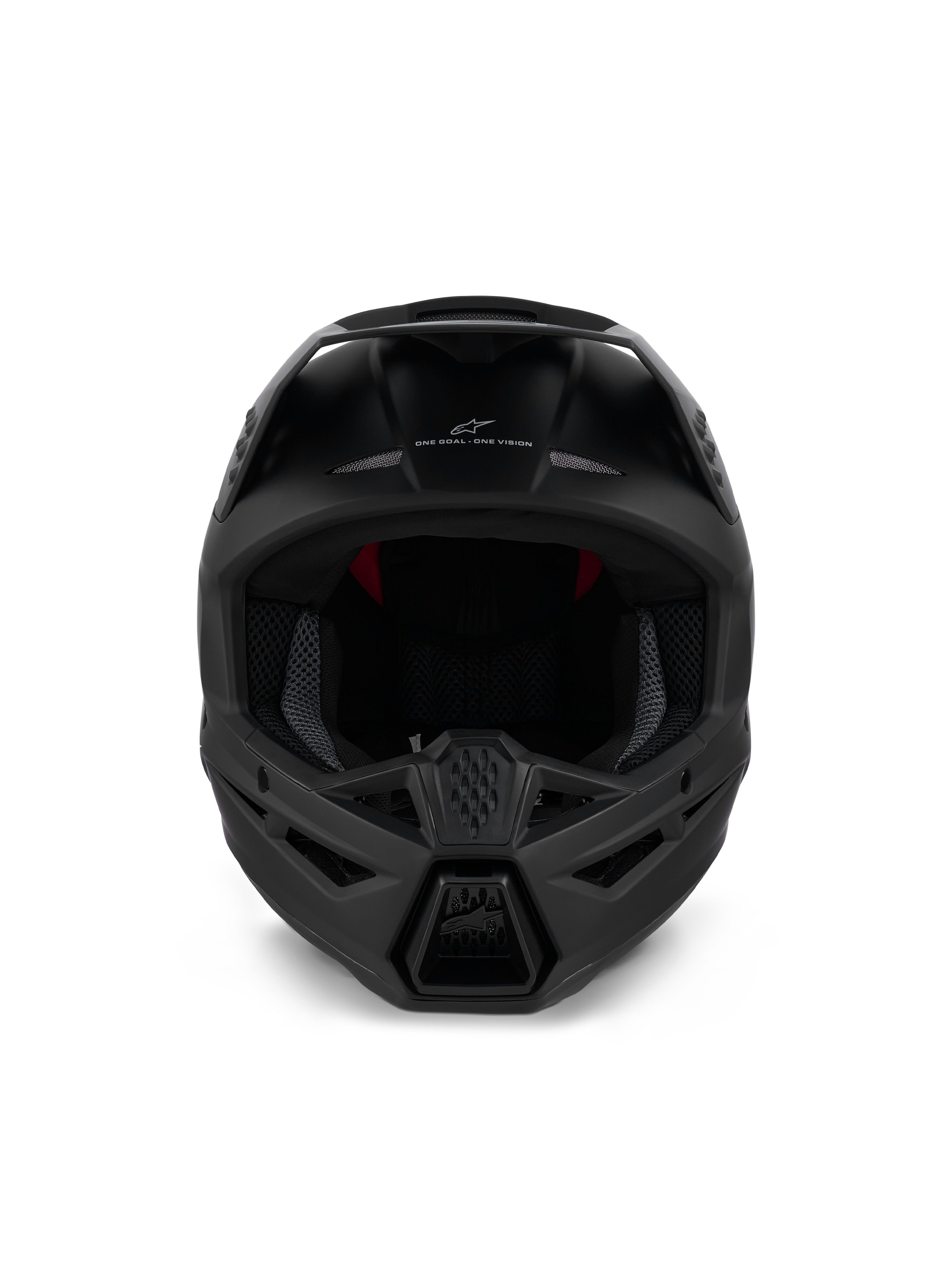 Alpinestars S-M3 Solid Helmet ECE 22.06, Motocross Helmet, Matte Black, front view showing aggressive chin guard ventilation and 'ONE GOAL - ONE VISION' branding, sleek design for off-road racing