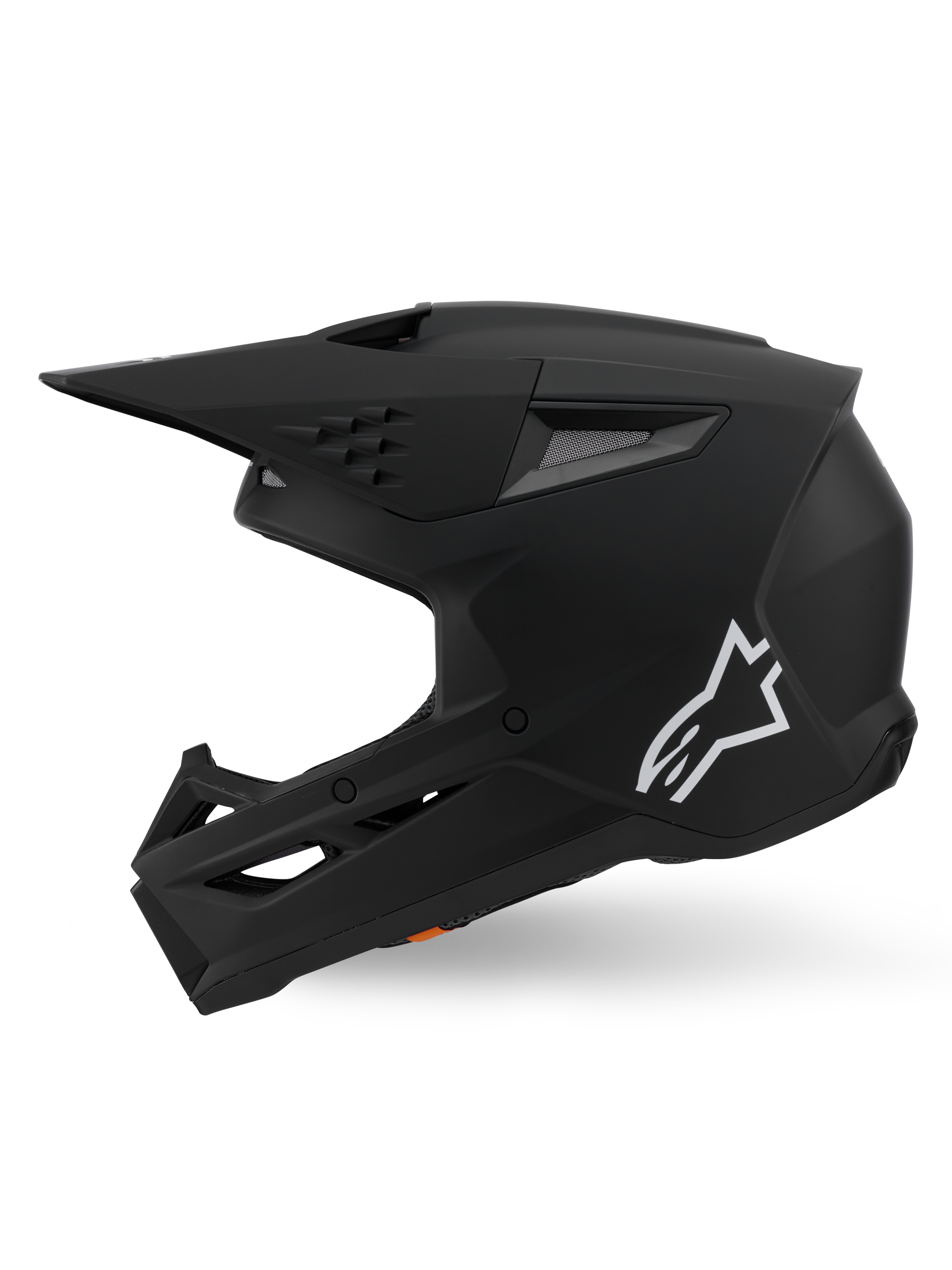 Alpinestars S-M3 Solid Helmet ECE 22.06, Motocross Helmet, Matte Black, side profile view featuring a white Astars logo, angular shell design with integrated ventilation ports and protective visor, off-road racing performance gear