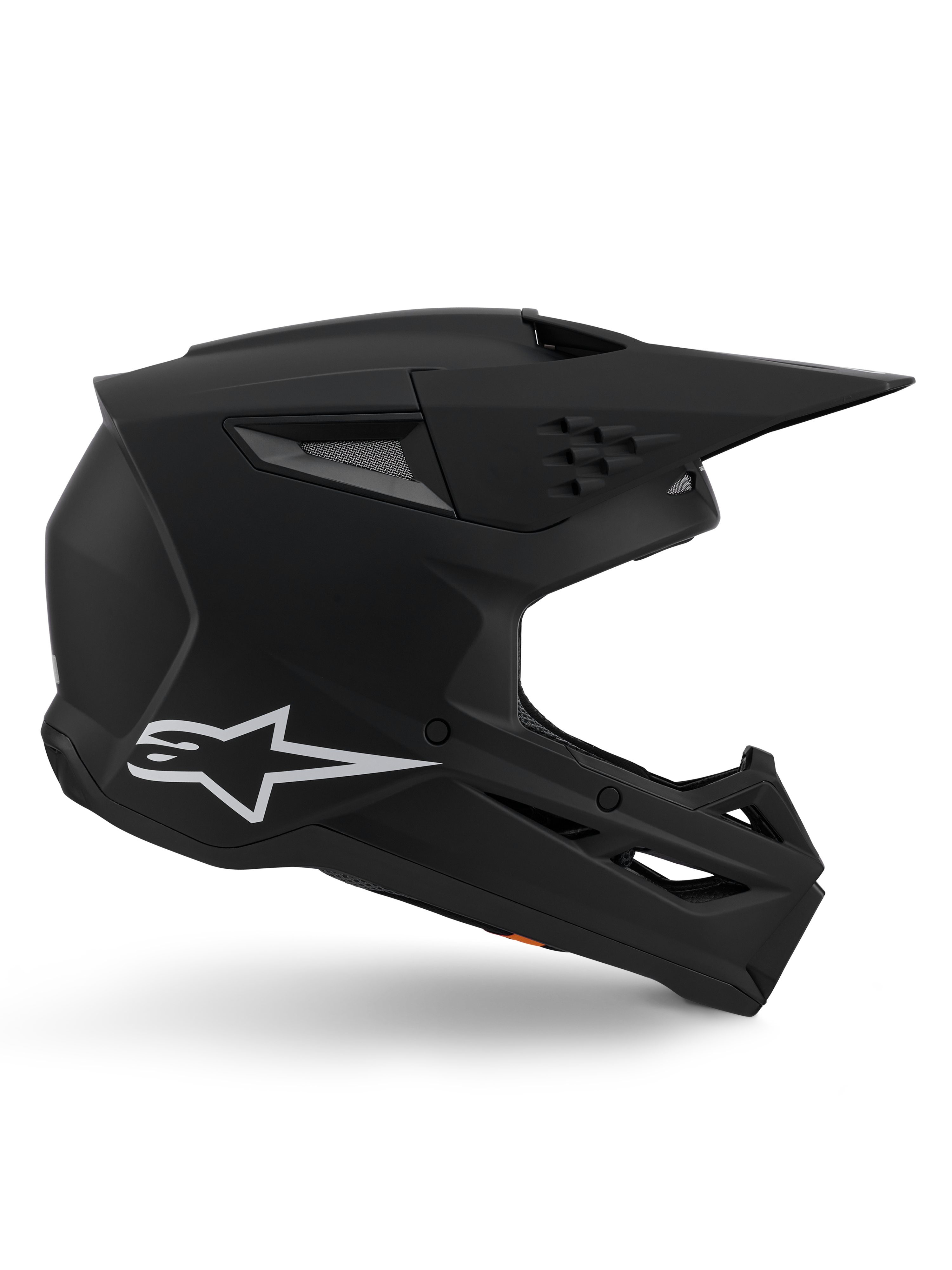 Alpinestars S-M3 Solid Helmet, capacete de motocross, acabamento preto mate, perfil lateral com logótipo Alpinestars branco, calota aerodinâmica com múltiplas aberturas de ventilação e viseira grande, equipamento de proteção de cabeça de nível profissional para todo-o-terreno