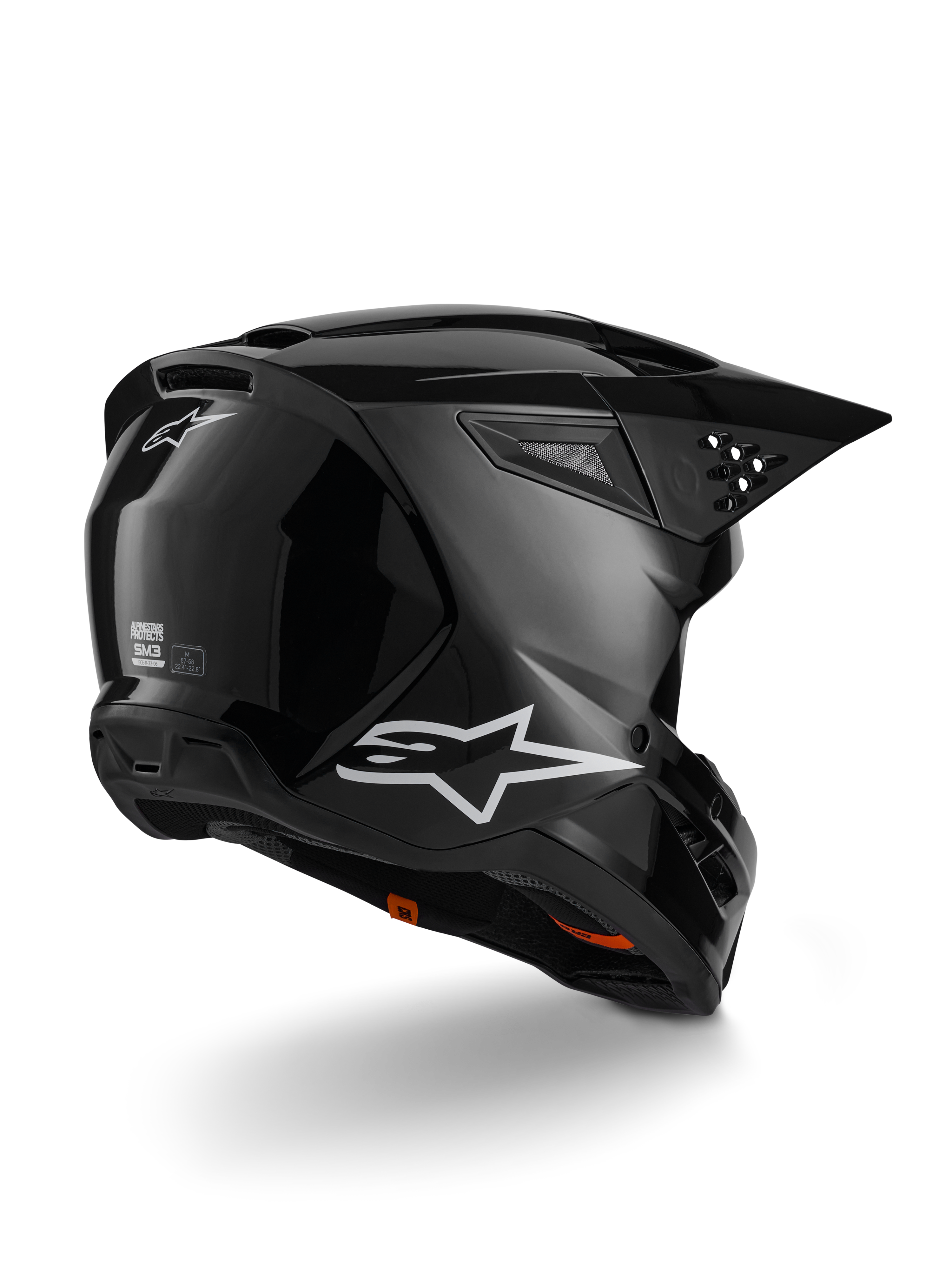 Alpinestars S-M3 Solid Helmet, Motocross Helmet, Black Glossy, featuring a thermo-injected shell, integrated visor, and high-flow ventilation system, sleek professional design for off-road and enduro riding.