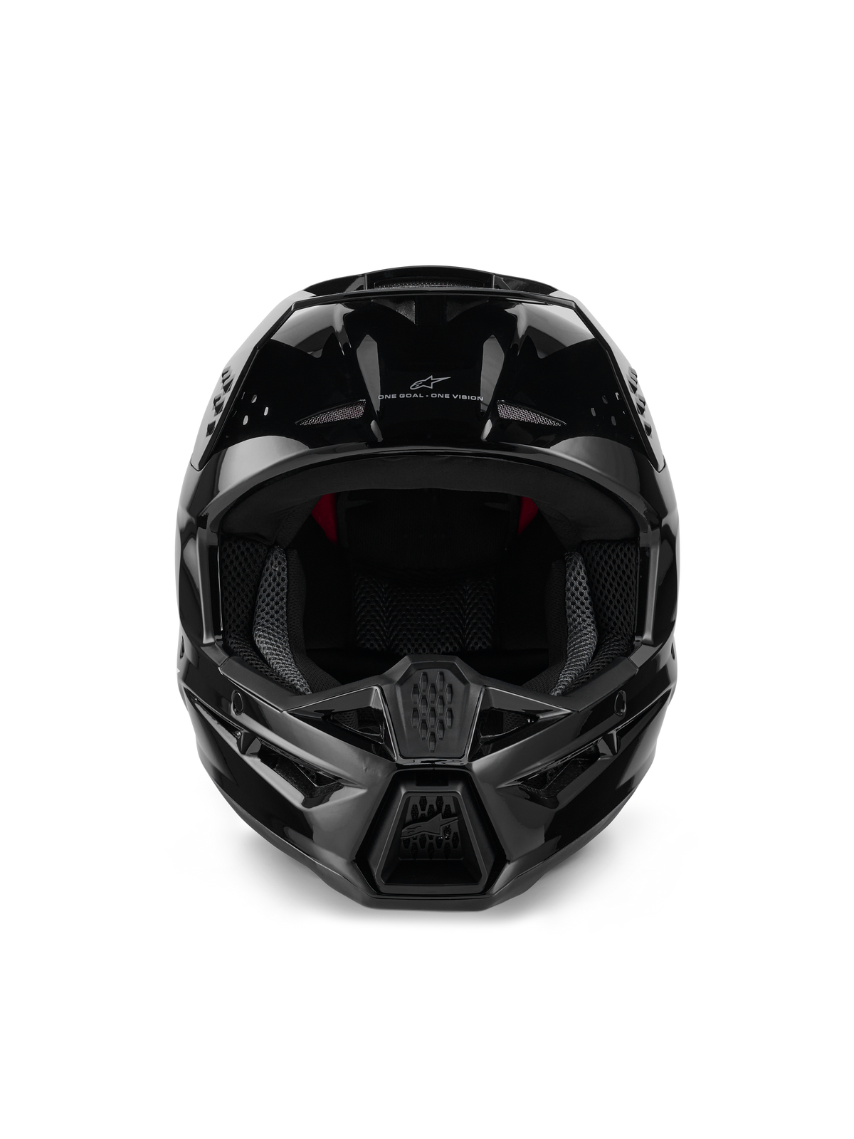 Capacete Alpinestars S-M3 Solid ECE 22.06, capacete de motocross, preto brilhante, vista frontal mostrando as entradas de ventilação, calota aerodinâmica elegante com acabamento brilhante, com o logótipo Alpinestars e o slogan 'One Goal. One Vision.'
