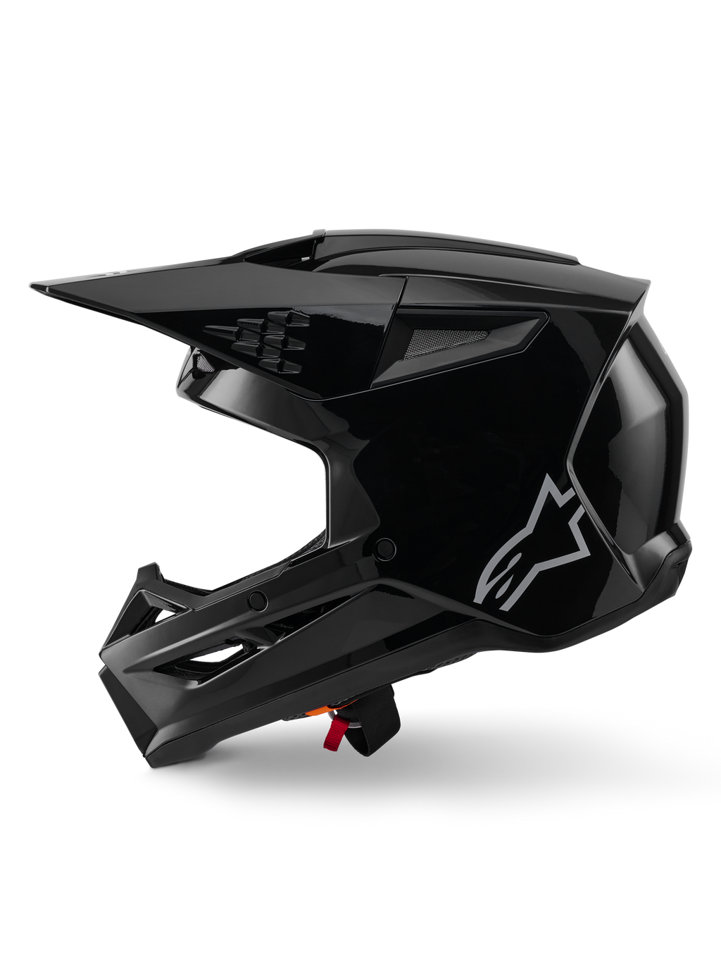 Alpinestars S-M3 Solid Helmet, Motocross Helmet, Black Glossy, side profile view, featuring a silver Alpinestars logo, aerodynamic visor, and multiple ventilation ports for off-road racing