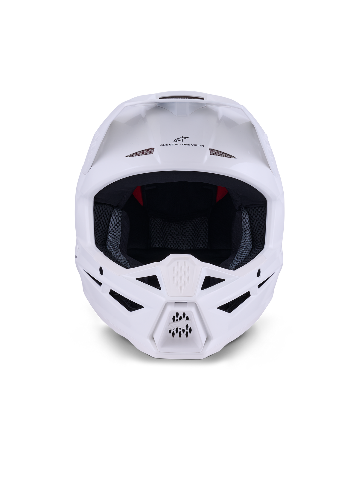Capacete Alpinestars S-M3 Solid ECE 22.06, capacete de motocross, branco brilhante, vista frontal com múltiplas aberturas de ventilação na queixeira e na testa, calota aerodinâmica elegante com viseira, marcação 'ONE GOAL - ONE VISION' e forro interior em malha para proteção em corridas todo-o-terreno.