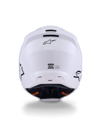 Alpinestars S-M3 Solid Helmet ECE 22.06, Motocross Helmet, White Glossy, Rear view displaying exhaust ventilation ports, Alpinestars logo, and safety certification label, designed for off-road performance