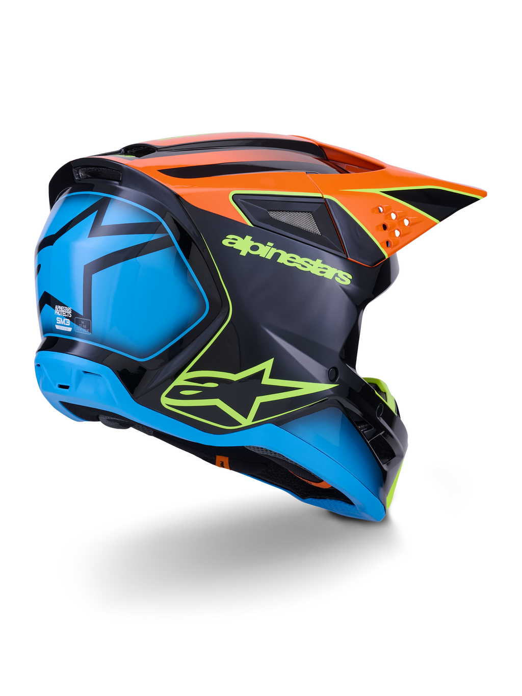 Alpinestars S-M3 Fray Helmet ECE 22.06, capacete de motocross, preto com painéis em laranja e azul, com logótipo Alpinestars em amarelo néon, secção traseira azul com gráfico de estrela, pala laranja com aberturas de ventilação integradas, equipamento de proteção profissional para todo-o-terreno