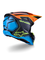 Alpinestars S-M3 Fray Helmet ECE 22.06, capacete de motocross, preto com painéis em laranja e azul, com logótipo Alpinestars em amarelo néon, secção traseira azul com gráfico de estrela, pala laranja com aberturas de ventilação integradas, equipamento de proteção profissional para todo-o-terreno
