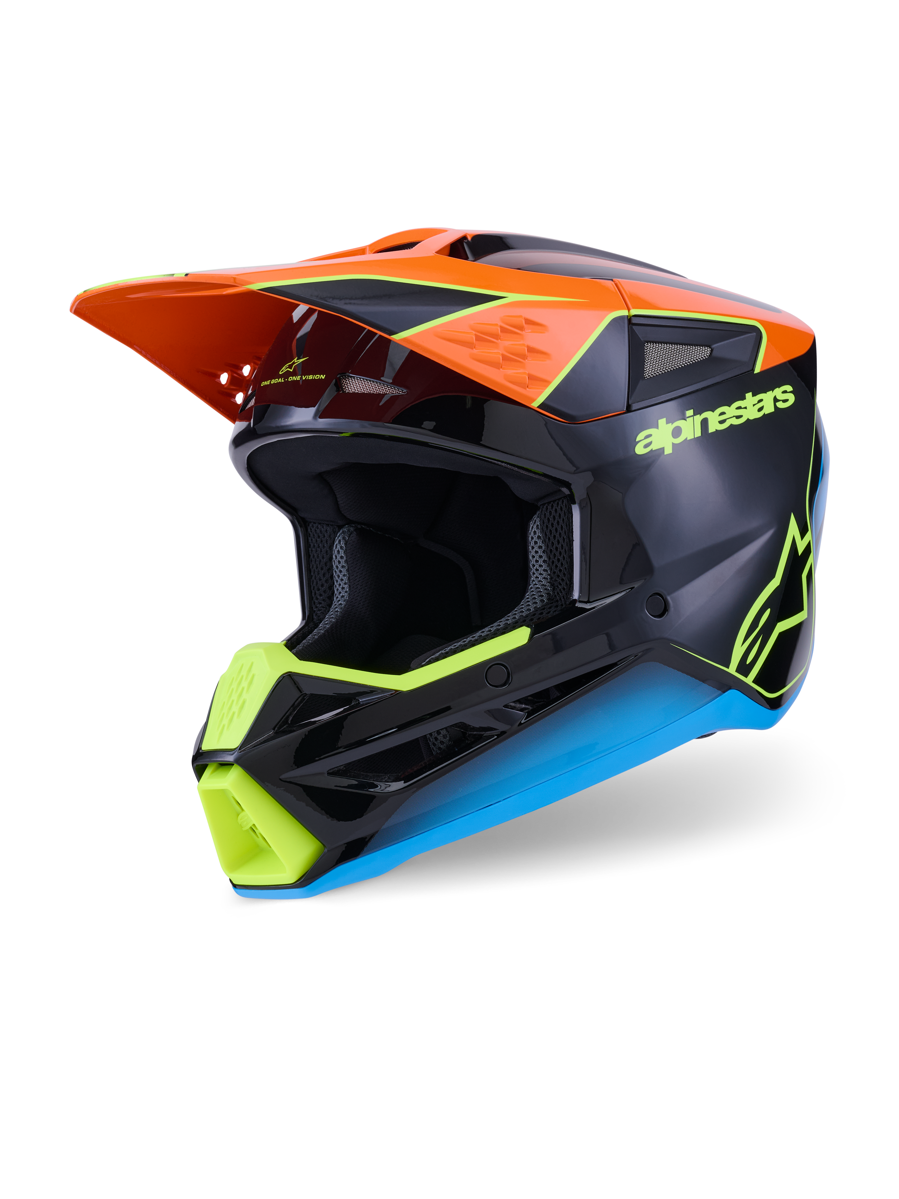Capacete Alpinestars S-M3 Fray, capacete de motocross, preto com detalhes em laranja, amarelo néon e azul, vista de três quartos mostrando o casco aerodinâmico termo-injetado e a viseira protetora para corridas todo-o-terreno