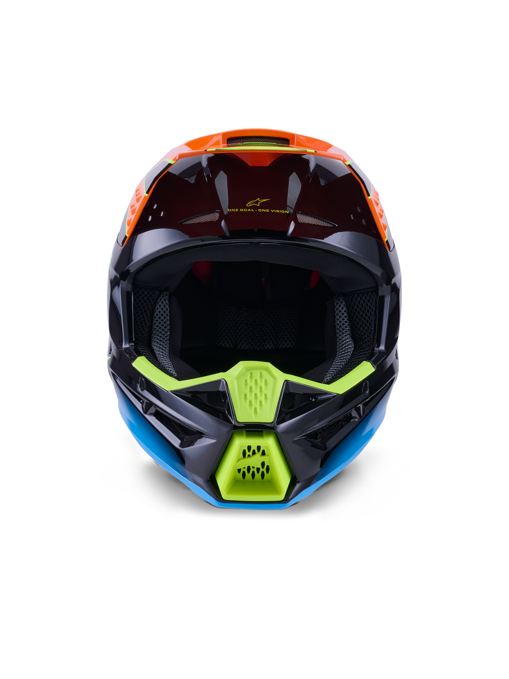 Capacete Alpinestars S-M3 Fray ECE 22.06, capacete de motocross, preto, laranja e amarelo néon, vista frontal destacando o design agressivo da queixeira com aberturas em malha, abertura ampla para óculos e perfil aerodinâmico elegante para corridas todo-o-terreno.