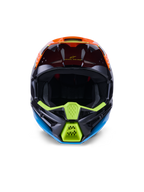 Capacete Alpinestars S-M3 Fray ECE 22.06, capacete de motocross, preto, laranja e amarelo néon, vista frontal destacando o design agressivo da queixeira com aberturas em malha, abertura ampla para óculos e perfil aerodinâmico elegante para corridas todo-o-terreno.