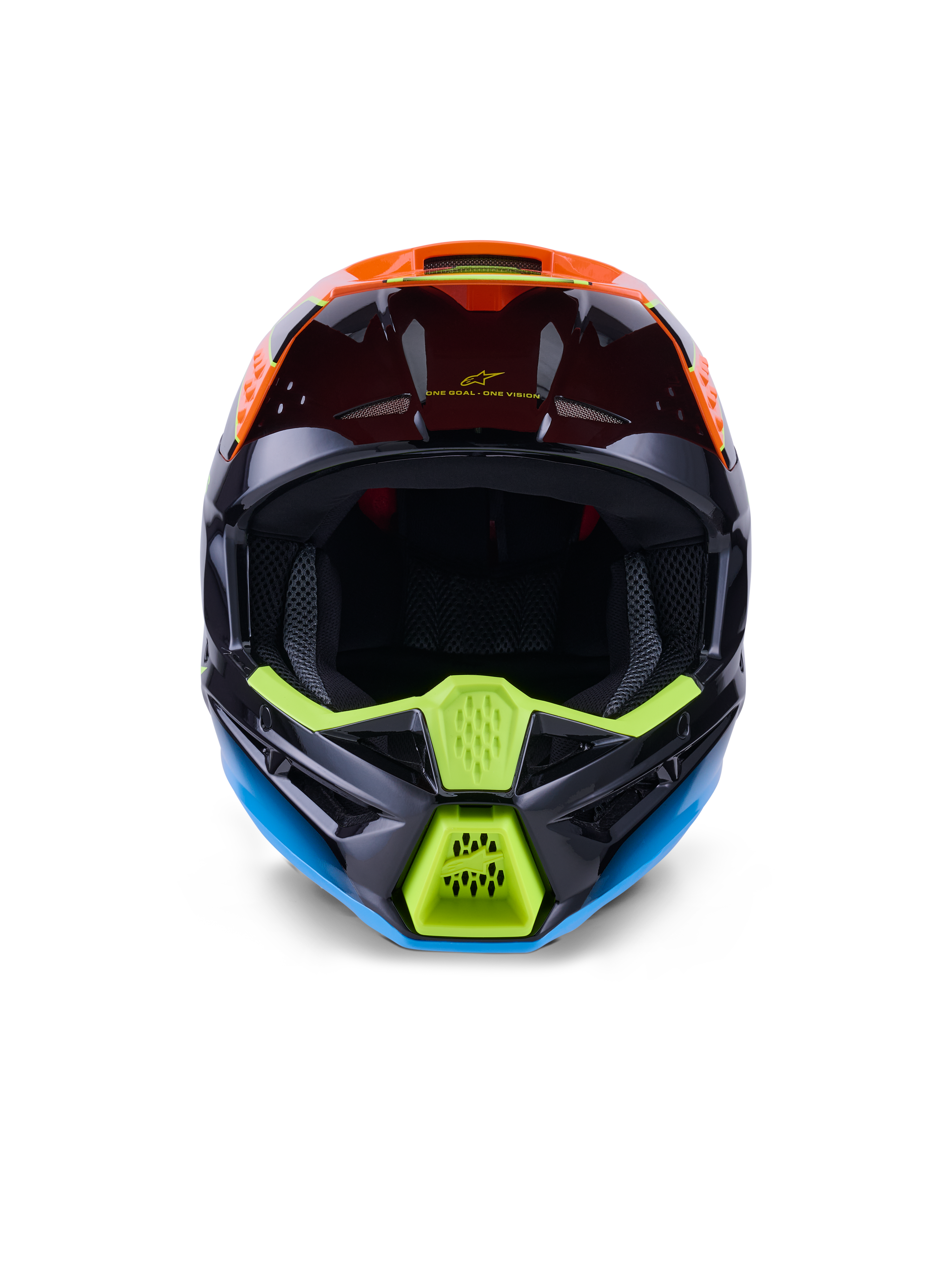 Capacete Alpinestars S-M3 Fray ECE 22.06, capacete de motocross, preto, laranja e amarelo néon, vista frontal destacando o design agressivo da queixeira com aberturas em malha, abertura ampla para óculos e perfil aerodinâmico elegante para corridas todo-o-terreno.