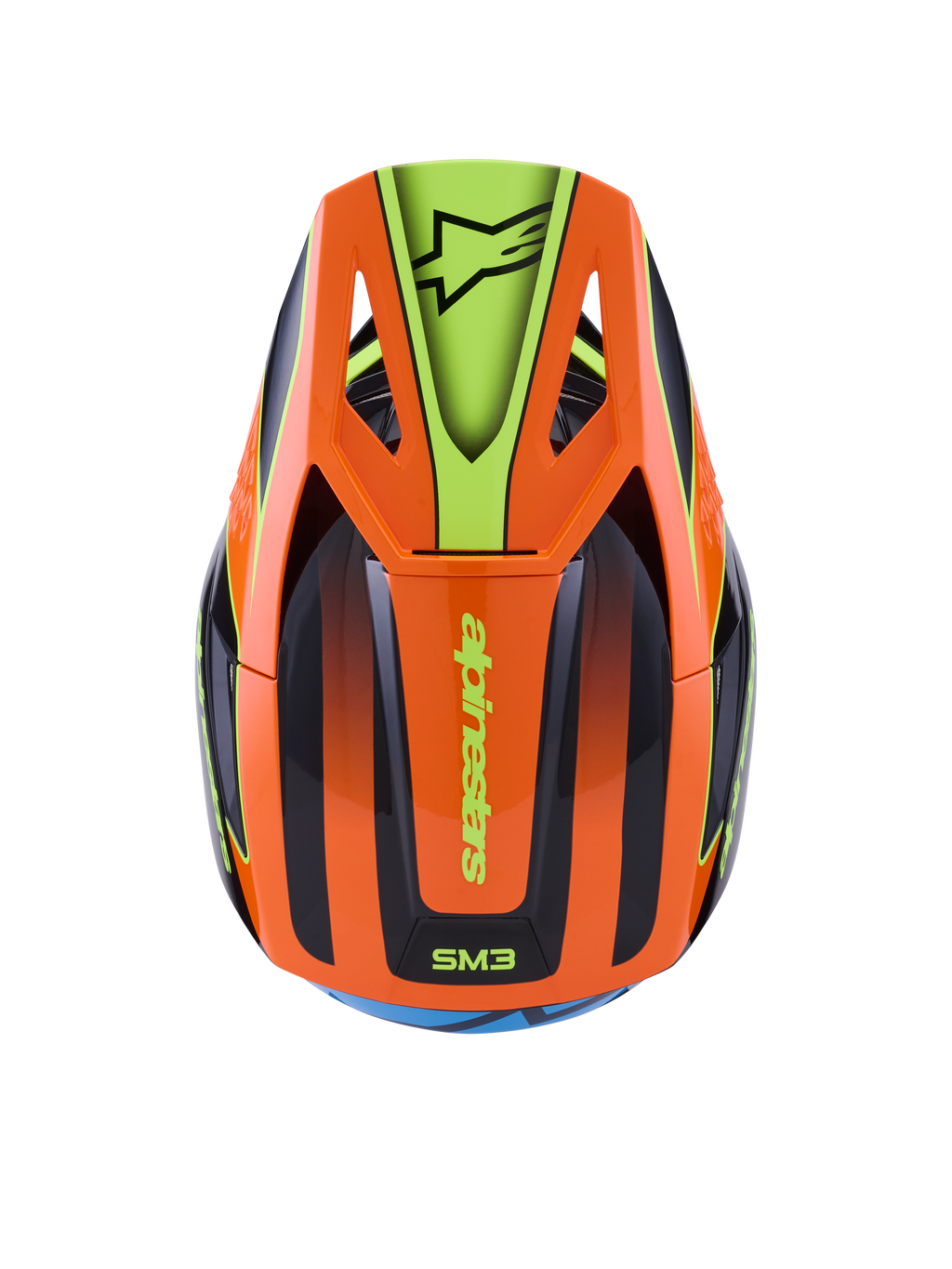 Capacete Alpinestars S-M3 Fray, capacete de motocross, laranja e amarelo fluorescente com detalhes em preto, vista superior mostrando a calote aerodinâmica e a viseira com o logótipo Alpinestars, design gráfico vibrante para condução todo-o-terreno