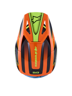 Capacete Alpinestars S-M3 Fray, capacete de motocross, laranja e amarelo fluorescente com detalhes em preto, vista superior mostrando a calote aerodinâmica e a viseira com o logótipo Alpinestars, design gráfico vibrante para condução todo-o-terreno