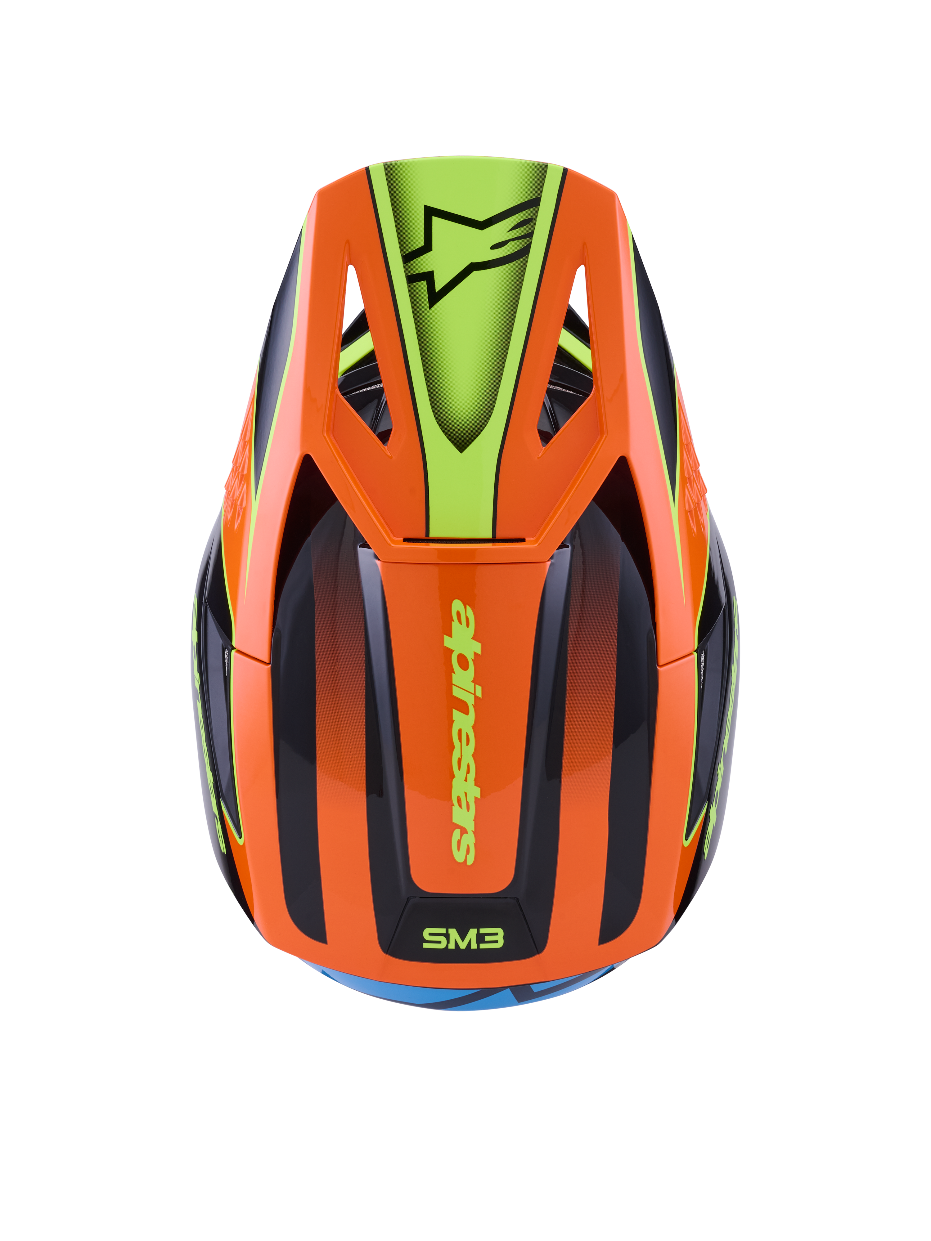 Capacete Alpinestars S-M3 Fray, capacete de motocross, laranja e amarelo fluorescente com detalhes em preto, vista superior mostrando a calote aerodinâmica e a viseira com o logótipo Alpinestars, design gráfico vibrante para condução todo-o-terreno