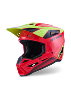 Alpinestars S-M3 Fray Helmet ECE 22.06, capacete de motocross, vermelho, amarelo fluo e preto brilhante, com uma calote aerodinâmica com aberturas de ventilação, viseira amarela integrada, marca Alpinestars e logótipo de estrela em preto, acabamento brilhante para corridas todo-o-terreno