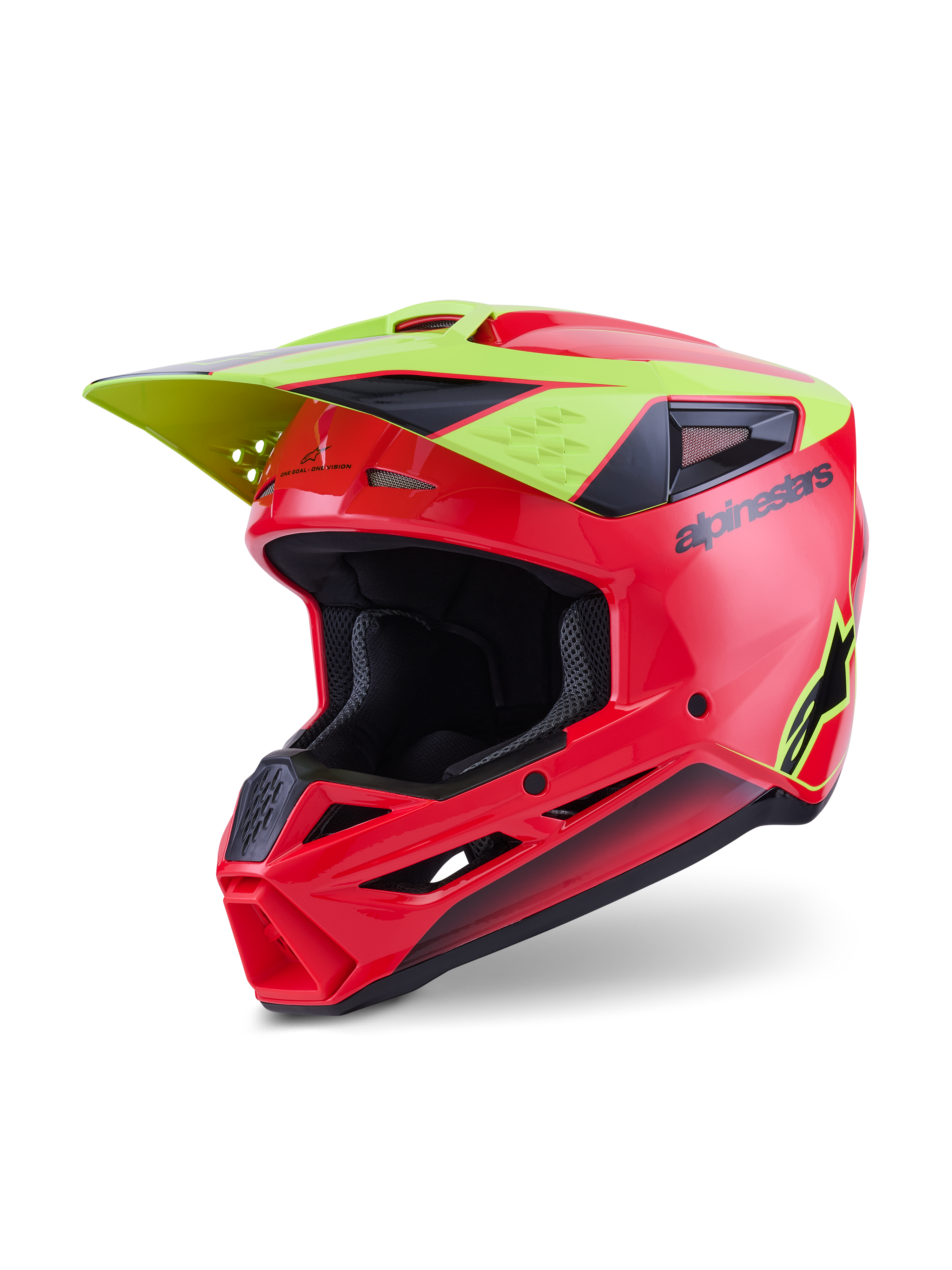 Alpinestars S-M3 Fray Helmet ECE 22.06, capacete de motocross, vermelho, amarelo fluo e preto brilhante, com uma calote aerodinâmica com aberturas de ventilação, viseira amarela integrada, marca Alpinestars e logótipo de estrela em preto, acabamento brilhante para corridas todo-o-terreno