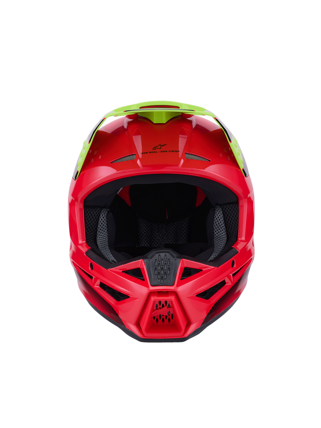 Capacete Alpinestars S-M3 Fray ECE 22.06, capacete de motocross, vermelho e amarelo fluo, vista frontal com acabamento brilhante, com múltiplas entradas de ventilação e uma viseira proeminente, equipamento de proteção de alta performance para condução todo-o-terreno