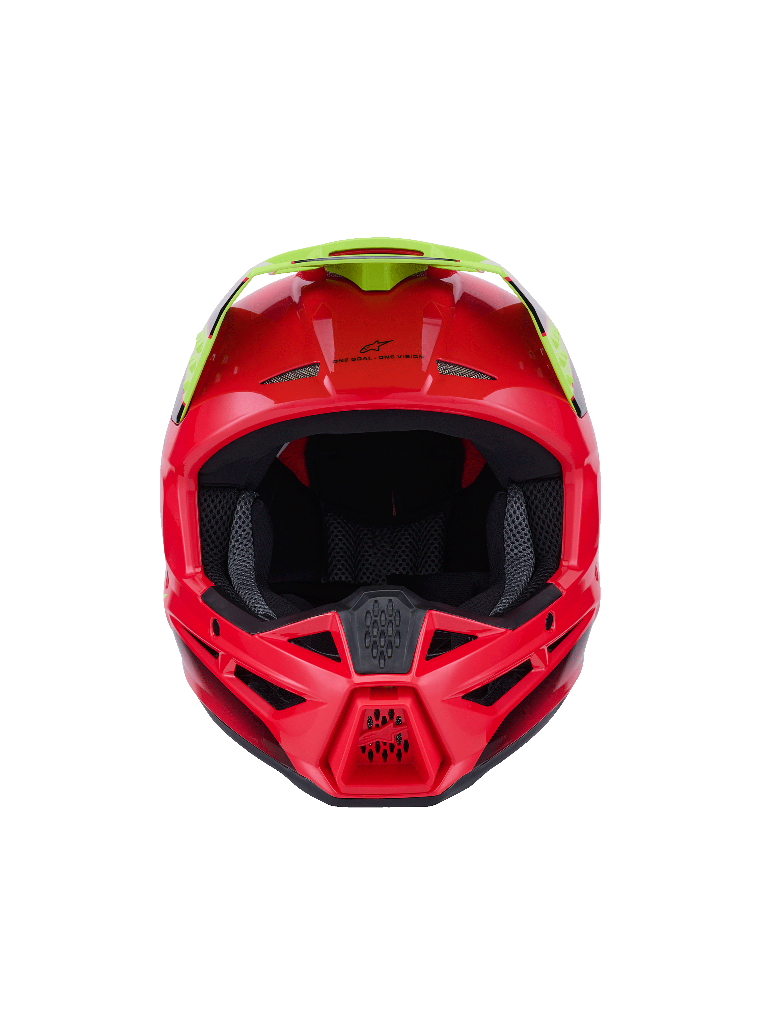Capacete Alpinestars S-M3 Fray ECE 22.06, capacete de motocross, vermelho e amarelo fluo, vista frontal com acabamento brilhante, com múltiplas entradas de ventilação e uma viseira proeminente, equipamento de proteção de alta performance para condução todo-o-terreno