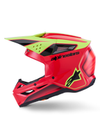 Alpinestars S-M3 Fray Helmet ECE 22.06, capacete de motocross, vermelho, amarelo néon e preto brilhante, vista de perfil lateral, calote termo-injetada aerodinâmica com várias aberturas de ventilação, marca Alpinestars preta e logótipo de estrela amarelo néon, proteção de cabeça de alta performance para condução todo-o-terreno