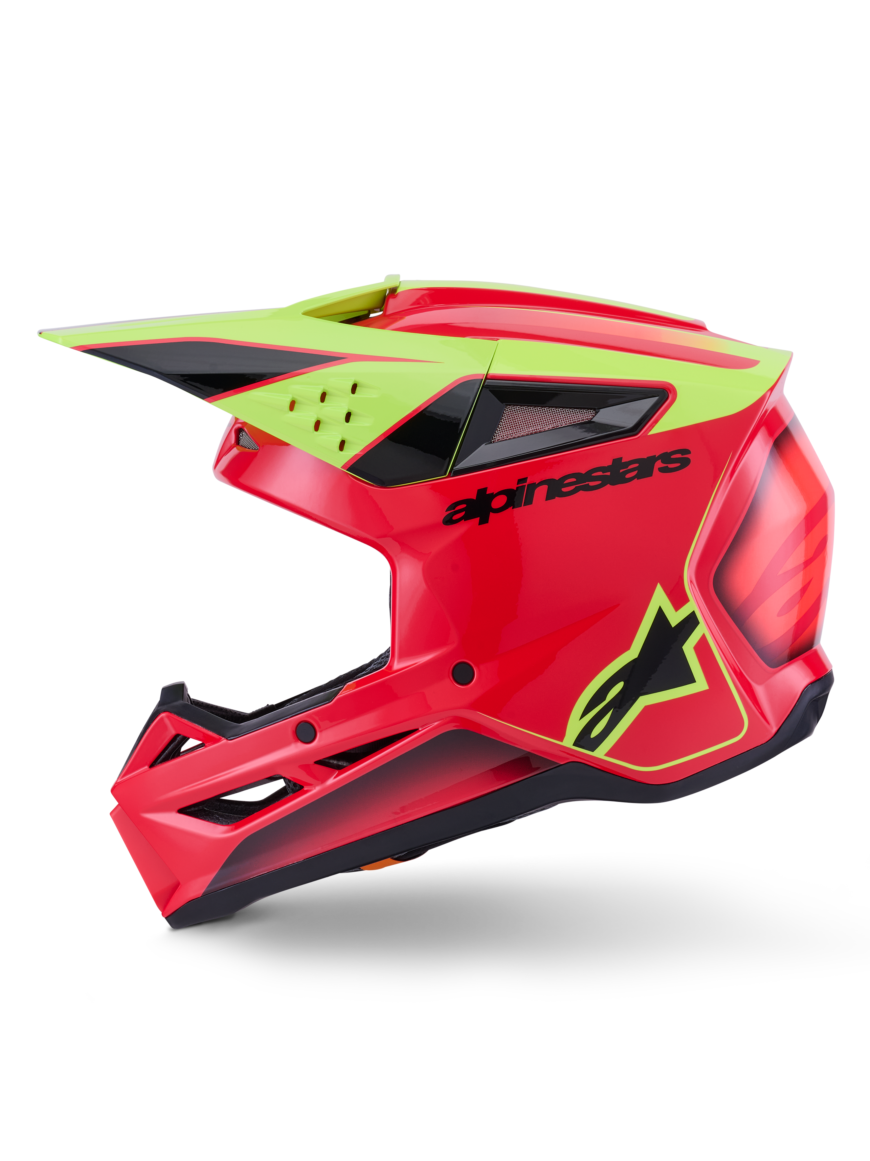 Alpinestars S-M3 Fray Helmet ECE 22.06, capacete de motocross, vermelho, amarelo néon e preto brilhante, vista de perfil lateral, calote termo-injetada aerodinâmica com várias aberturas de ventilação, marca Alpinestars preta e logótipo de estrela amarelo néon, proteção de cabeça de alta performance para condução todo-o-terreno
