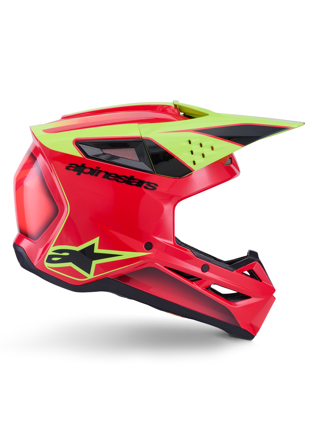 Alpinestars S-M3 Fray Helmet ECE 22.06, capacete de motocross, vermelho, amarelo fluo e preto brilhante, vista lateral de perfil com calote aerodinâmica, múltiplas aberturas de ventilação, logótipo da marca em preto e viseira amarela de alta visibilidade